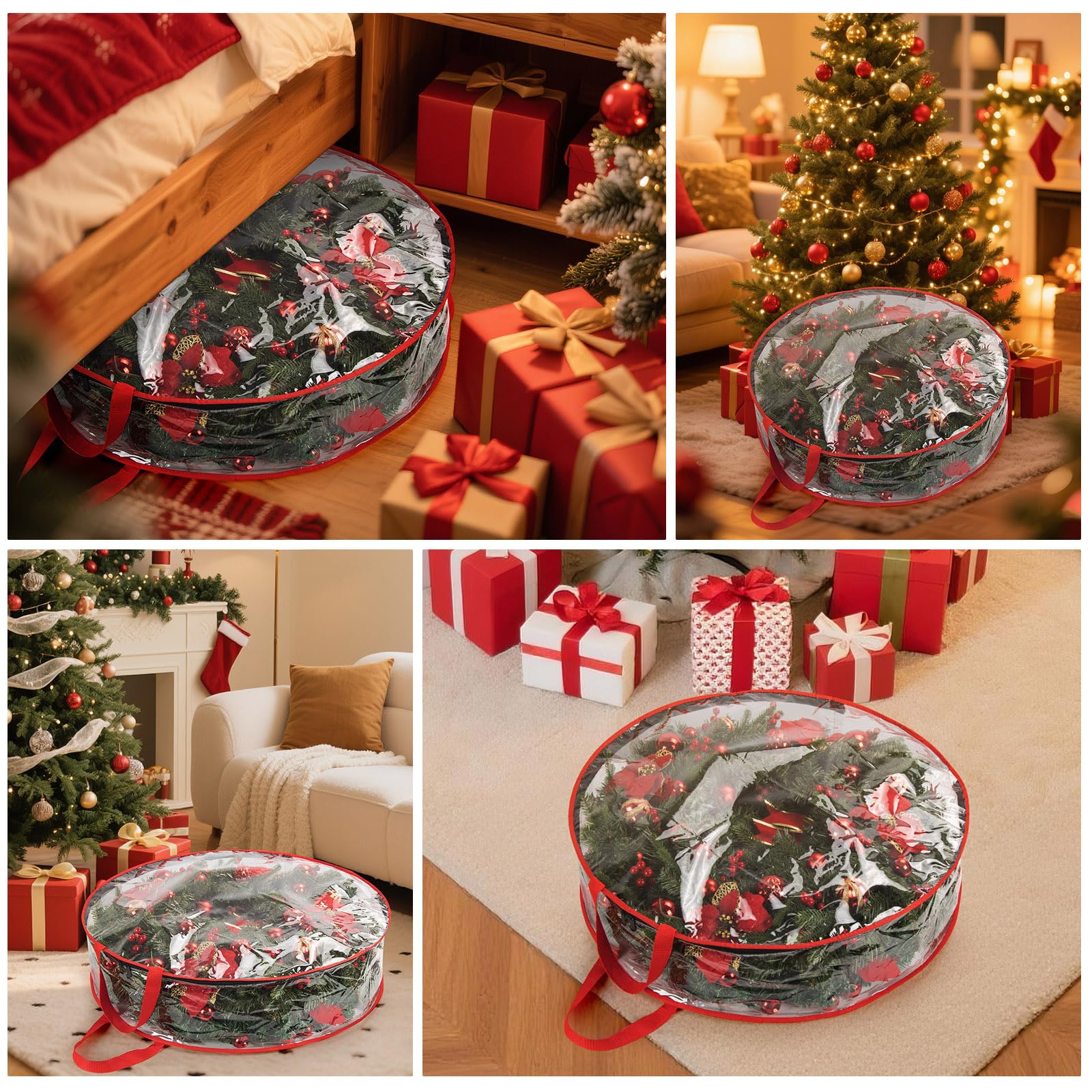 Confezione da 3 sacchetti portaoggetti per ghirlande natalizie, 76 x 20 cm, grandi, rotondi, in PVC trasparente con doppia cerniera, contenitore resistente per ghirlande, ghirlande e decorazioni