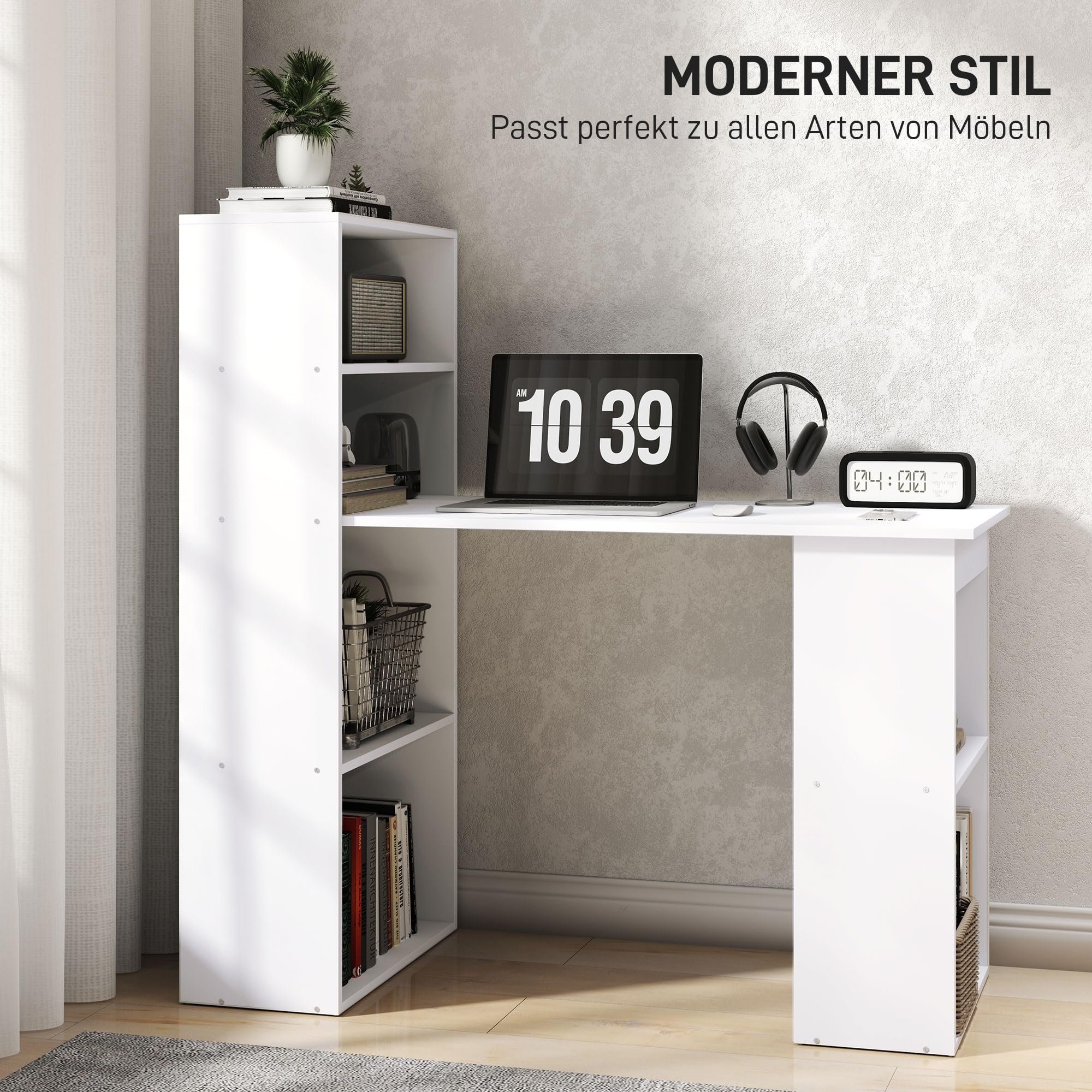 HOMCOM Schreibtisch mit Regal Computertisch 120 x 55 x 120 cm Weiß