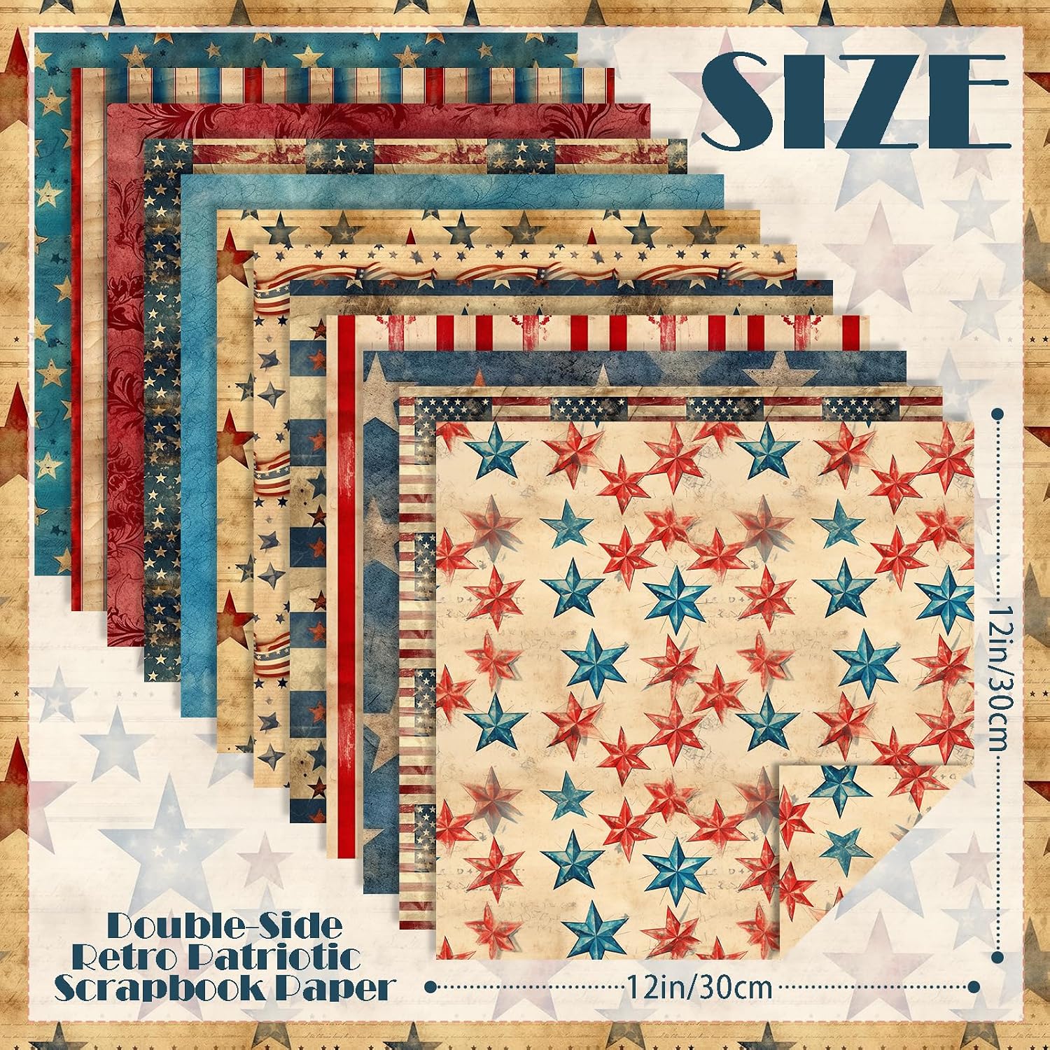 24 Sheets Vintage Patriotic Scrapbook Paper, 12 Styles Retro Red Blue Stars Flags Stripes Patterns Decorative Craft Paper Folded Flat for 4th of July Card Making Photo Album Decor, 11.8'' x 11.8'