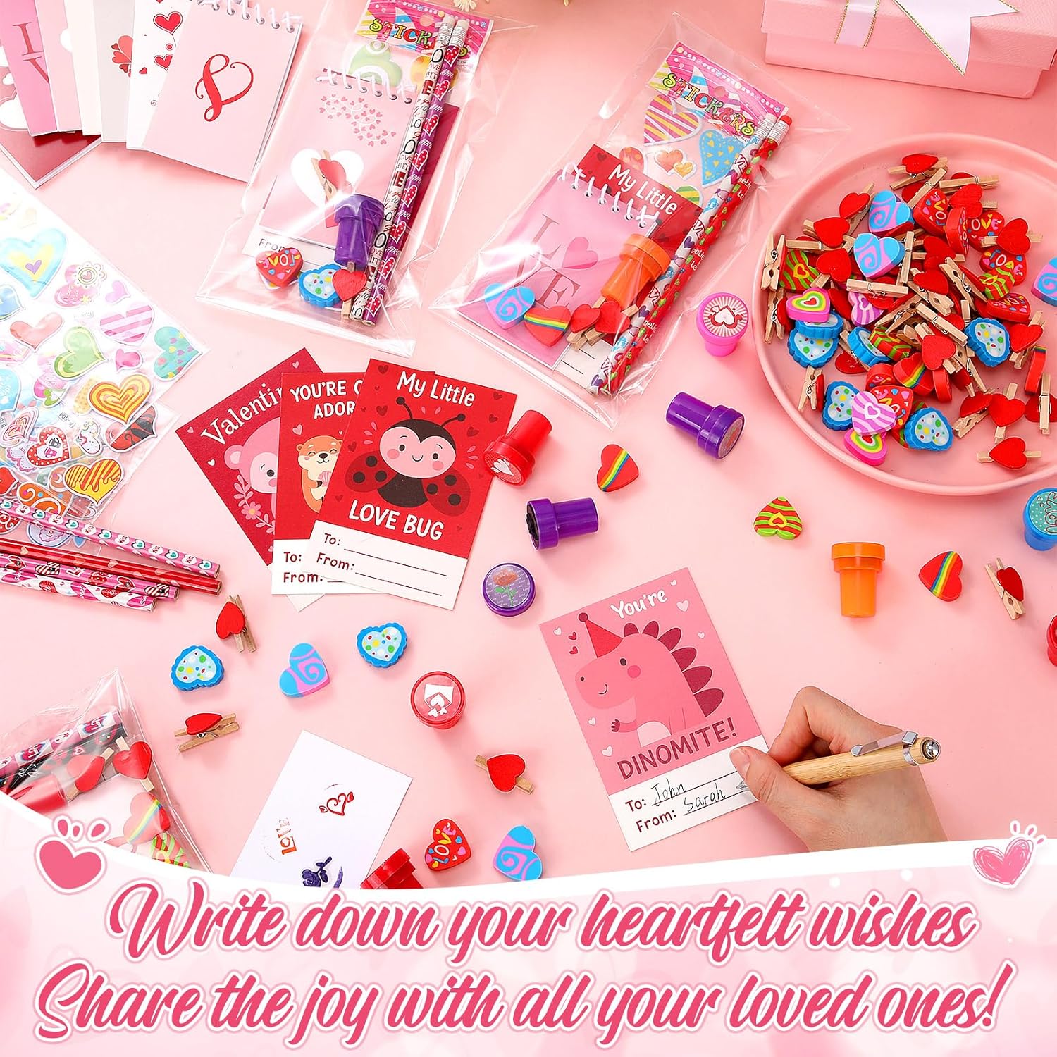 24 Packs/264 Pcs Valentines Day Stationery Gifts Set Includes Stampers Notebooks Pencils Stickers Erasers Cards and Bags Office Valentines Day Exchange Gifts