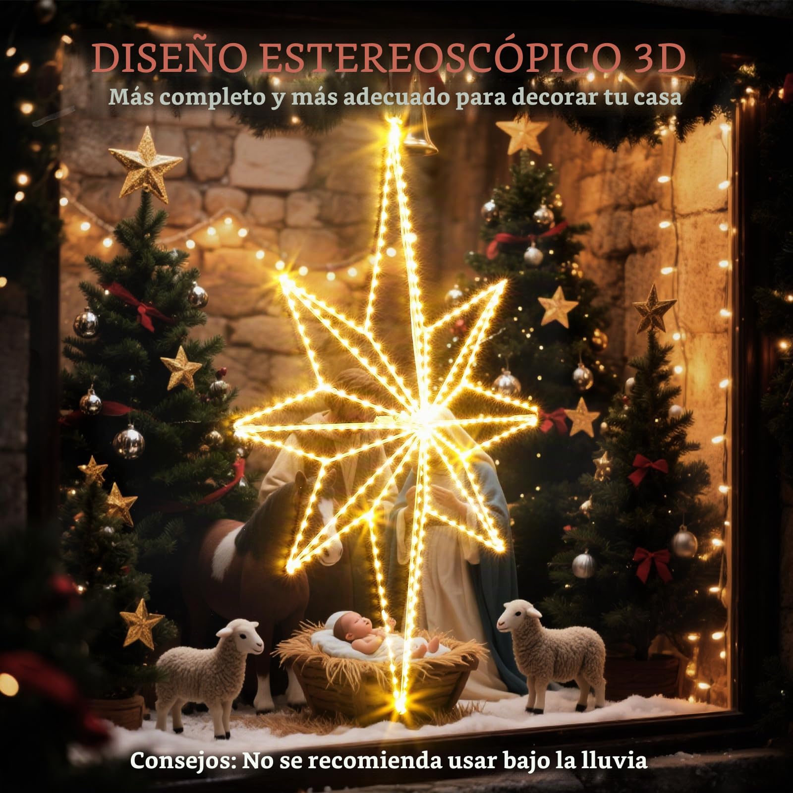 Quntis 62CM Luces de Navidad Exterior Estrella con Enchufe, 360 LED Superbrillantes Cortina de Luces Navidad Ventana Decorativas con Gancho, Blanco Cálido Luz de Ventana para Decoración Navideña