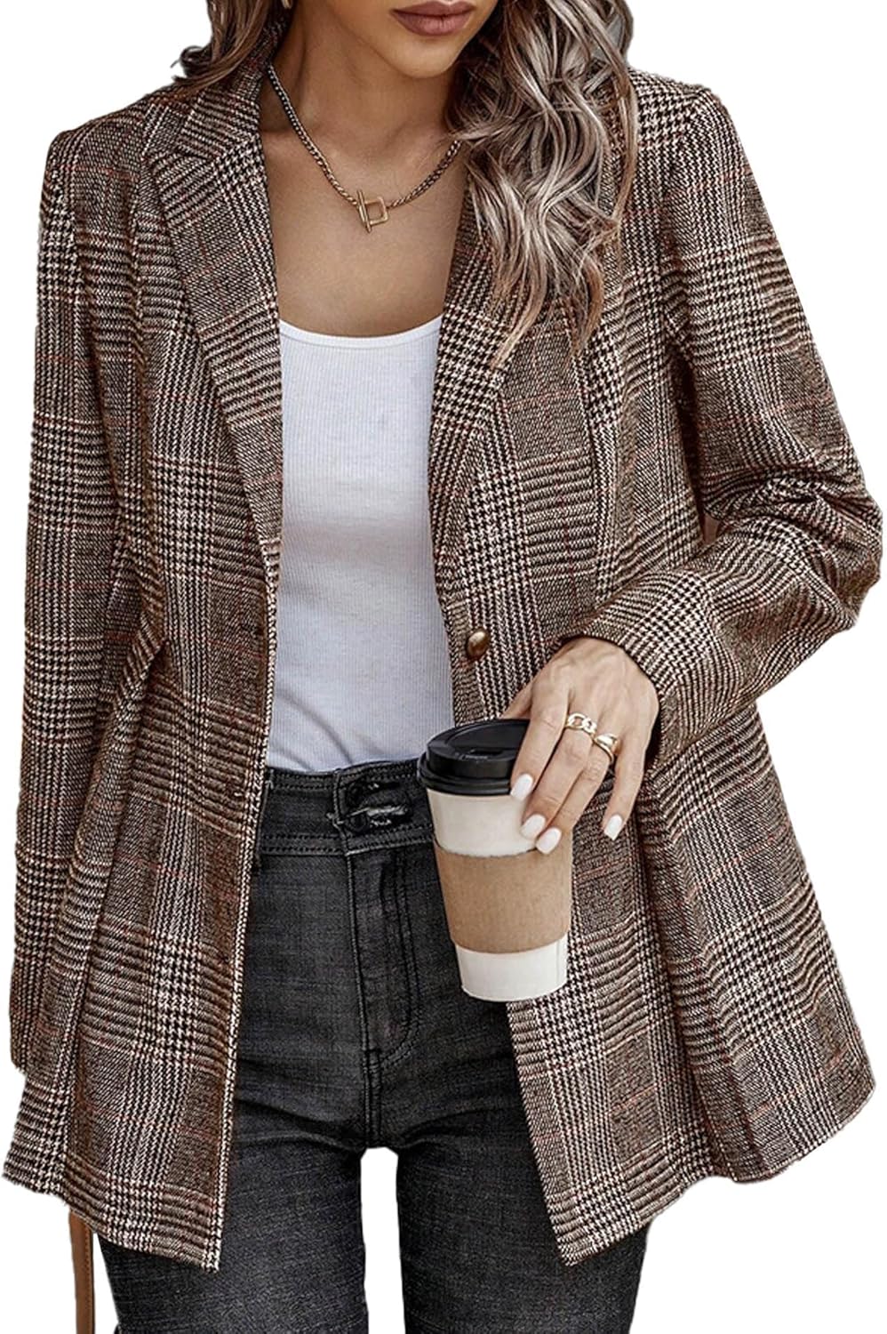 Unifizz Plaid Blazer Jacket for Womens Long Sleeve 2025 Work Office Blazer Lapel Button Work Formal Blazer Jackets
