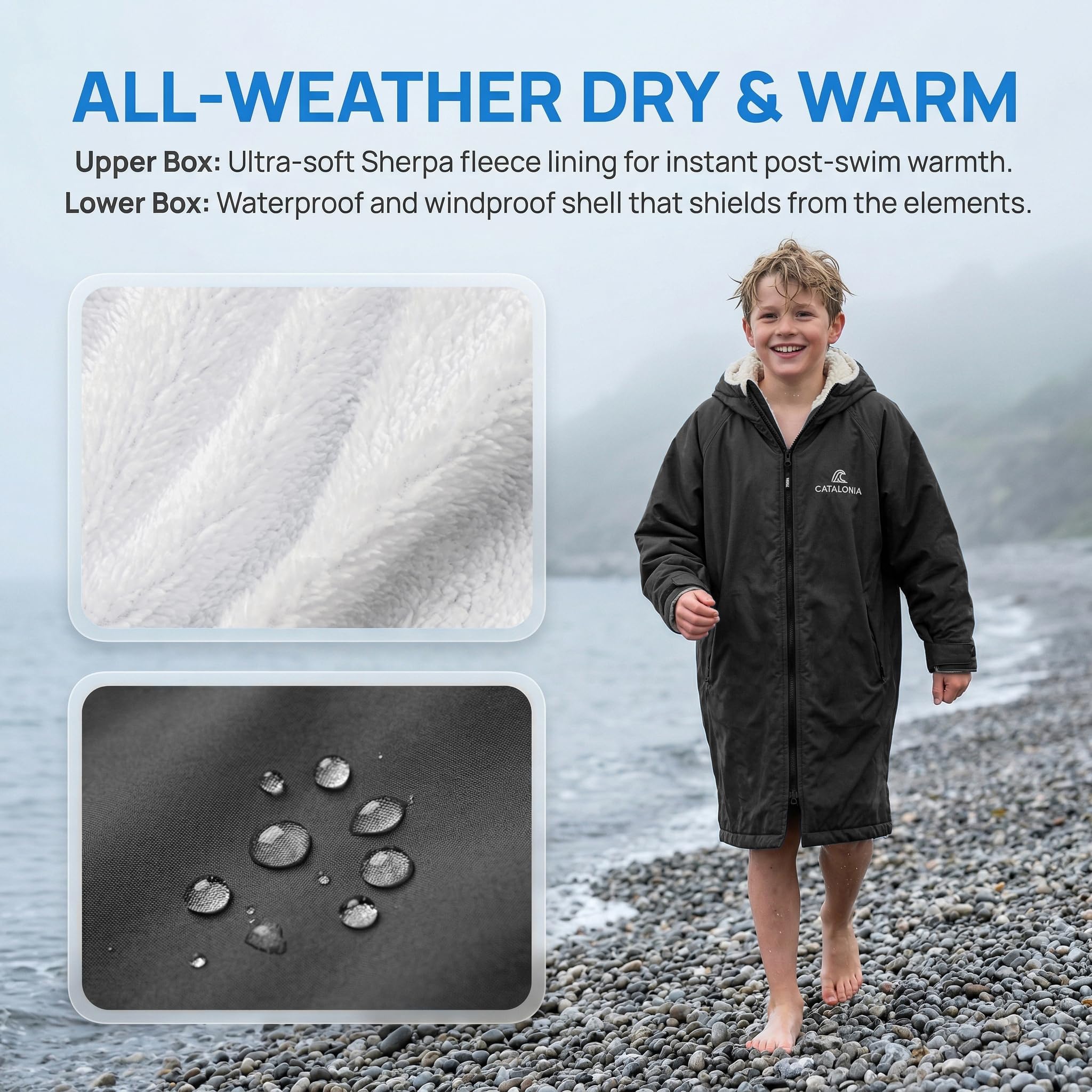 Catalonia Classy Wickelmantel Wasserdicht für Kinder, Wärmemantel Schwimmen mit Sherpa-Futter, Surf Dry Poncho Robe für Junge Mädchen