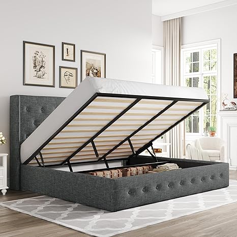 Allewie King Size Lift Up Storage Bed, Button Tufted Headboard with Wingback, Hydraulic Support, No Box Spring Needed, Dark Grey