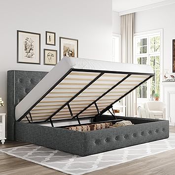 Allewie King Size Lift Up Storage Bed, Button Tufted Headboard with Wingback, Hydraulic Support, No Box Spring Needed, Dark Grey
