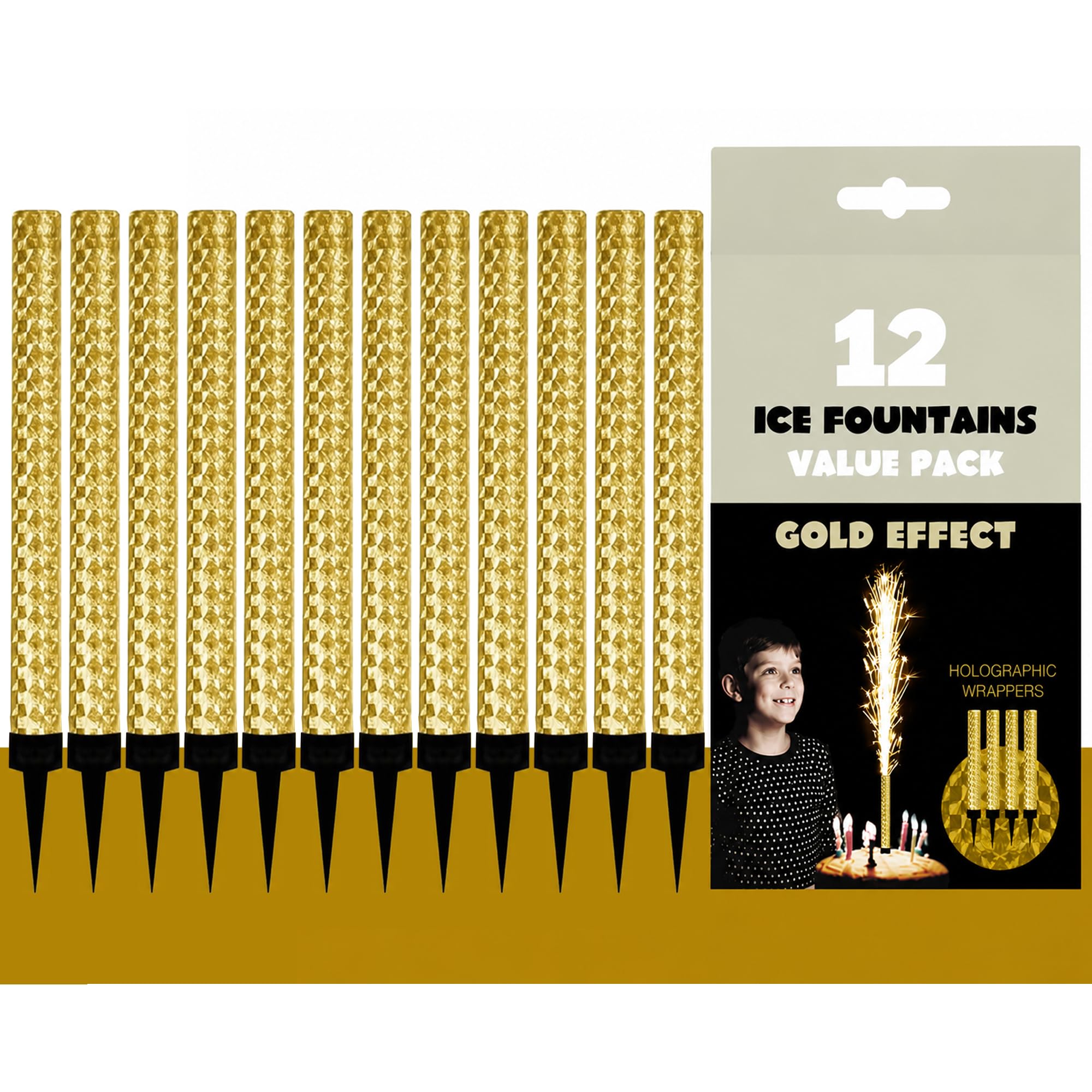 CRSTAL25 Gold Sparkling Fountain Candles in Pack of 12 | Low-Smoke, Bright Sparkle & Long-Lasting Effect | Great for Birthdays, Anniversaries, Weddings & Parties