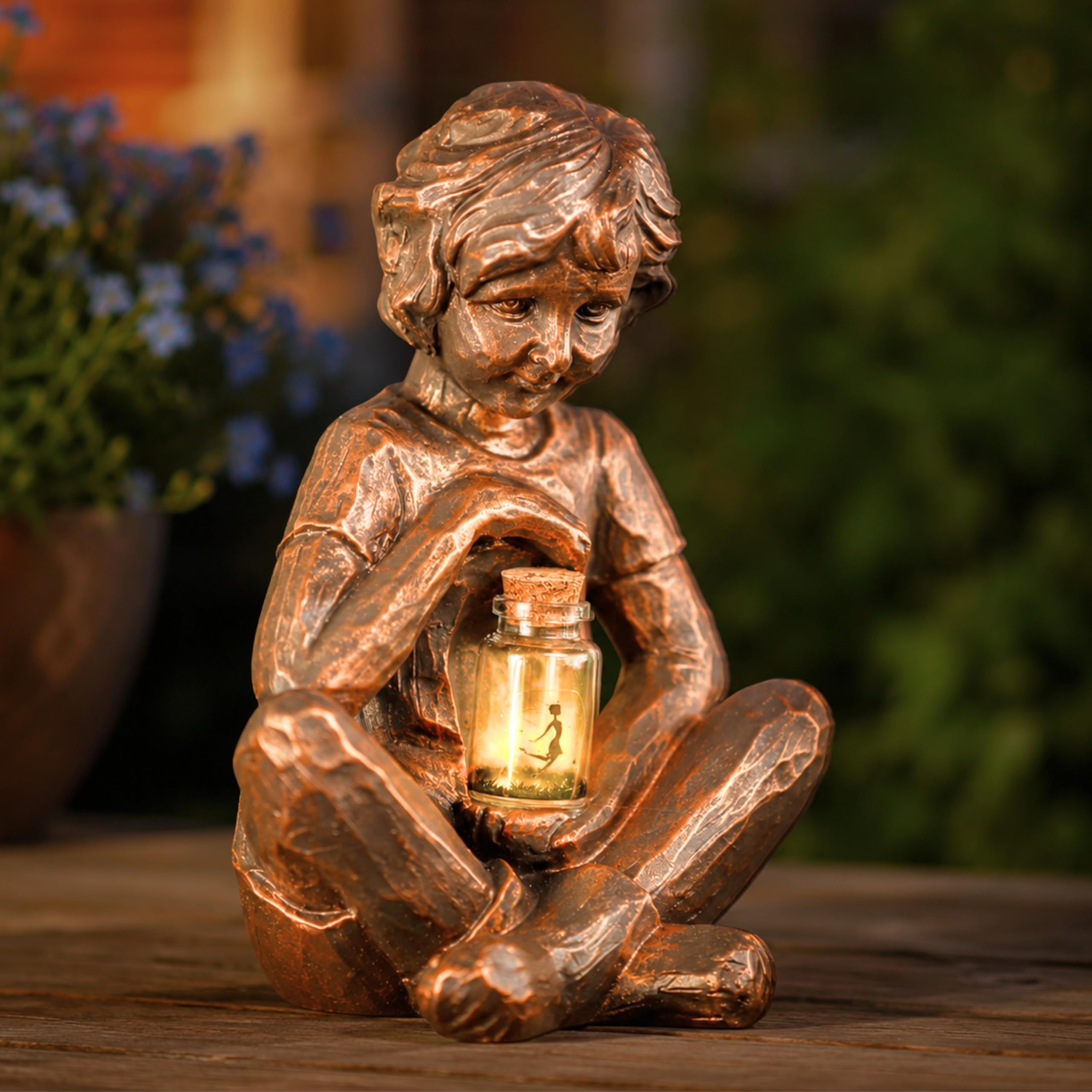 Garden Mile Solar Boy Statue Firefly Jar with Solar Powered Light Lantern Bronze Effect Resin Garden Ornaments Weatherproof Durable Patio Lawn Home Garden Statues Balcony Decor โ image 1