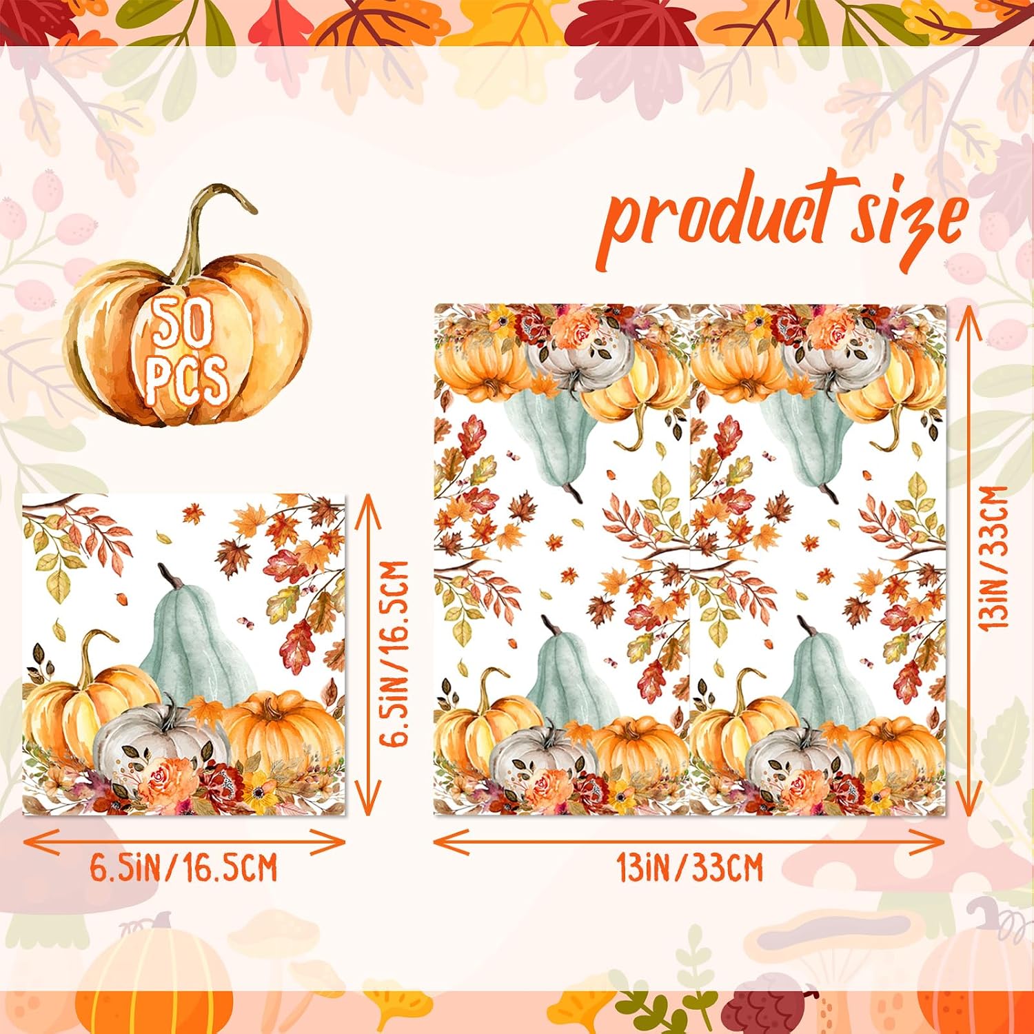 Thanksgiving Fall Watercolor Pumpkin Paper Napkins 50pcs image 2
