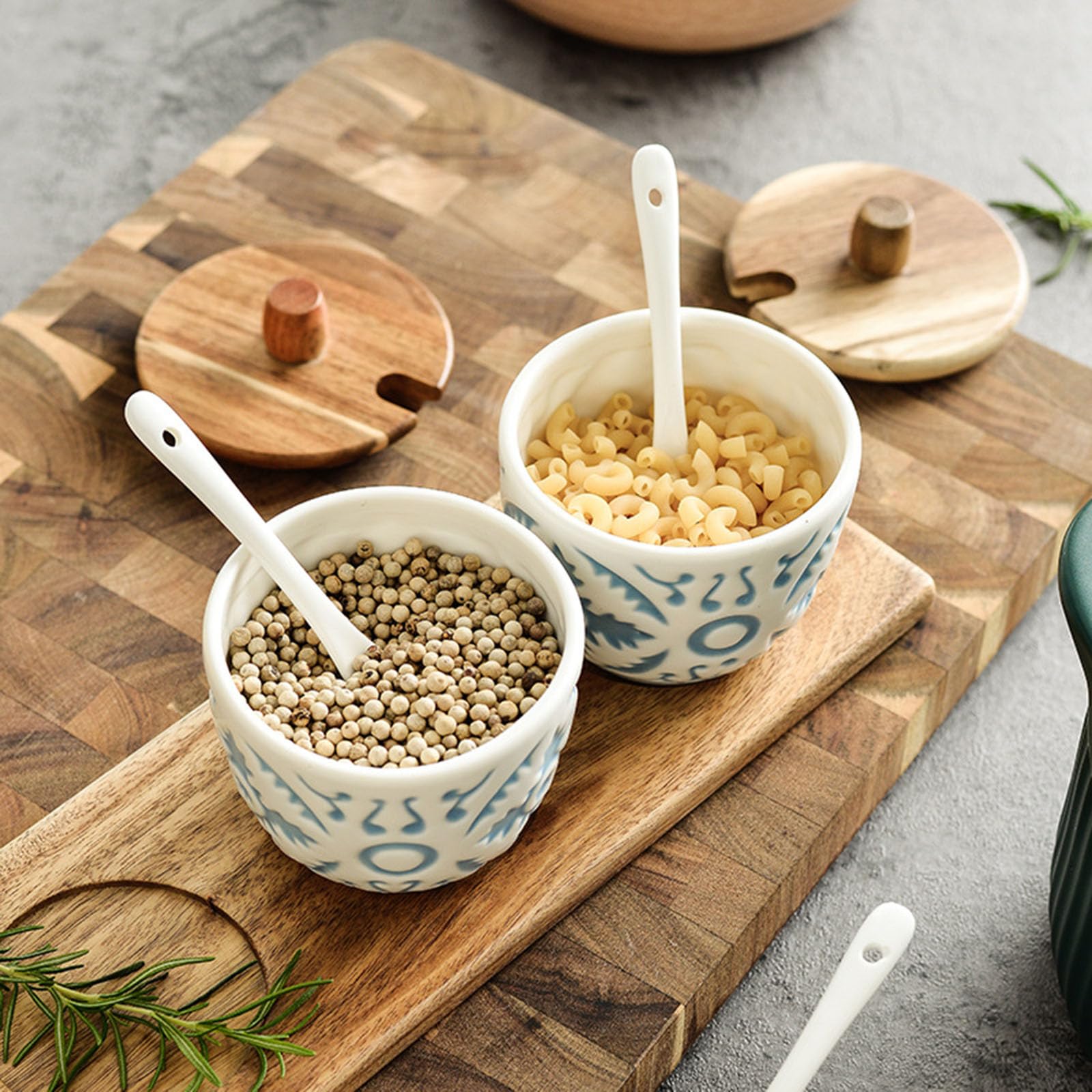 Contenitore per Spezie Barattolo in Ceramica con Coperchio Legno A Cucchiaio, di Sale Zuccheriera Stoccaggio Cucina Home Restaurant Cafe,A
