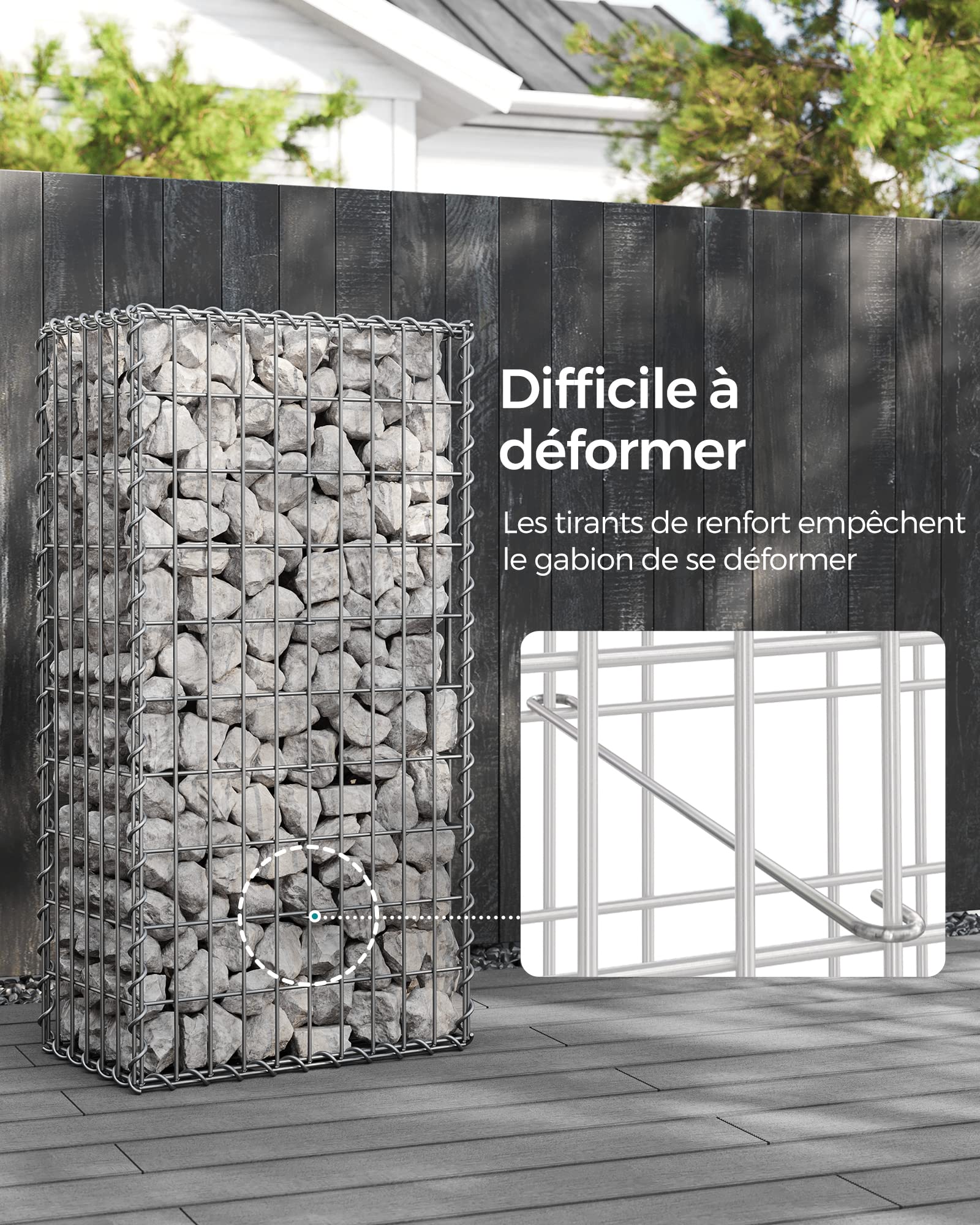 SONGMICS Gabion pour Pierre, Cage en Métal, Panier à Pierre, Maille 5 x 10 cm, Galvanisé, Mur, Paterre, Décoration de Jardin, 100 x 50 x 30 cm, Argent GGB153