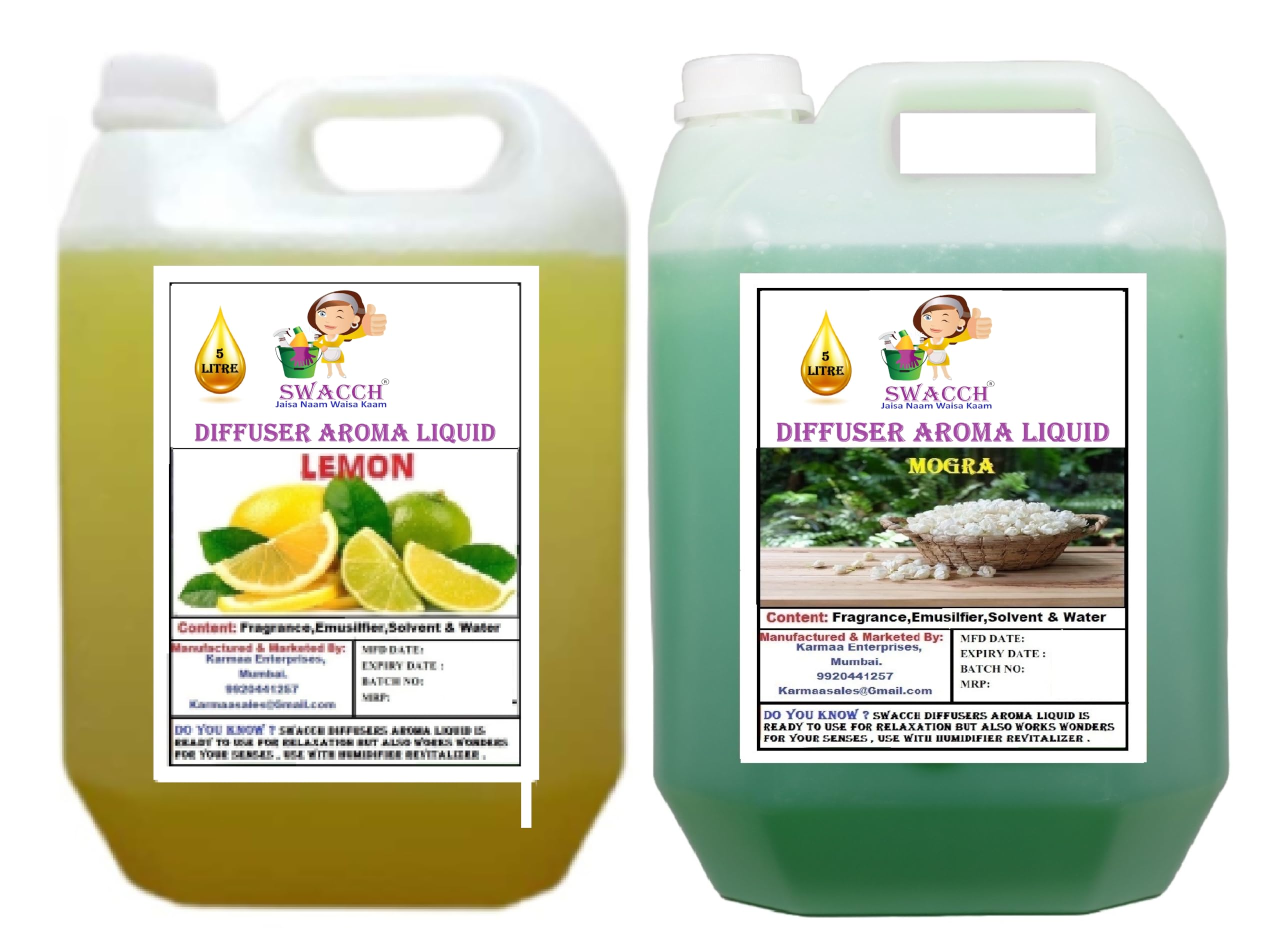 swacch diffuser aroma liquid lemon & mogra ready to use 5 litre combo pack of 2 i home fragrance i best for aromatherapy i helps in meditation i used in diffusers i water based