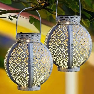 FANOAULEA Solar Lantern Outdoor Waterproof 2 Pack for Garden, Hanging Lanterns Set of 2, Hollow-Out Retro Metal Decoration Lantern for Patio & Yard, White Lantern Ornament, 7"H