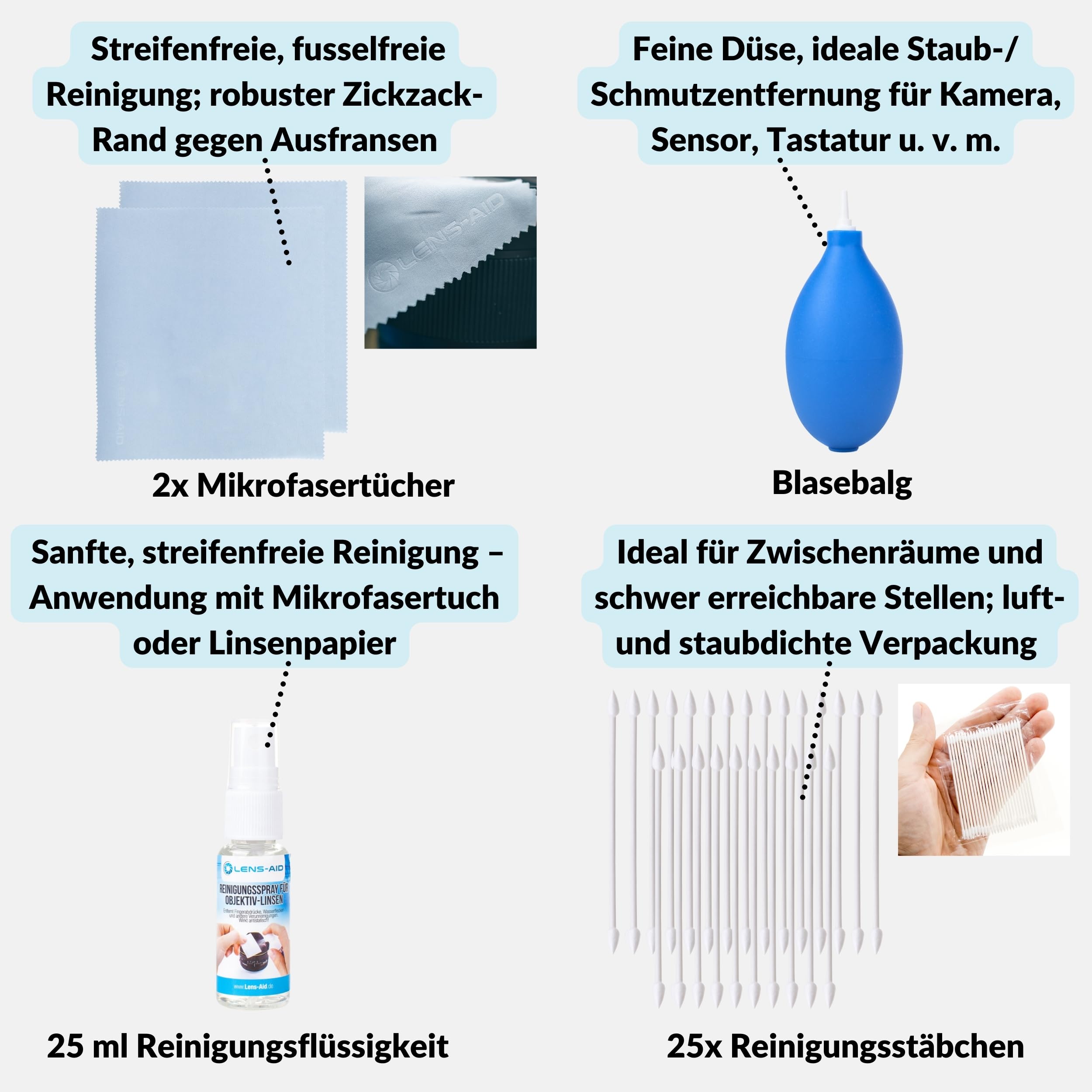 LENS-AID 8-in-1 Kamera Reinigungsset für Vollformat, APS-C & Objektiv - Mit Flüssig-Reiniger, Mikrofasertuch, Reinigungsstäbchen, feuchten Reinigungstüchern, Reinigungsstift, Blasebalg & mehr