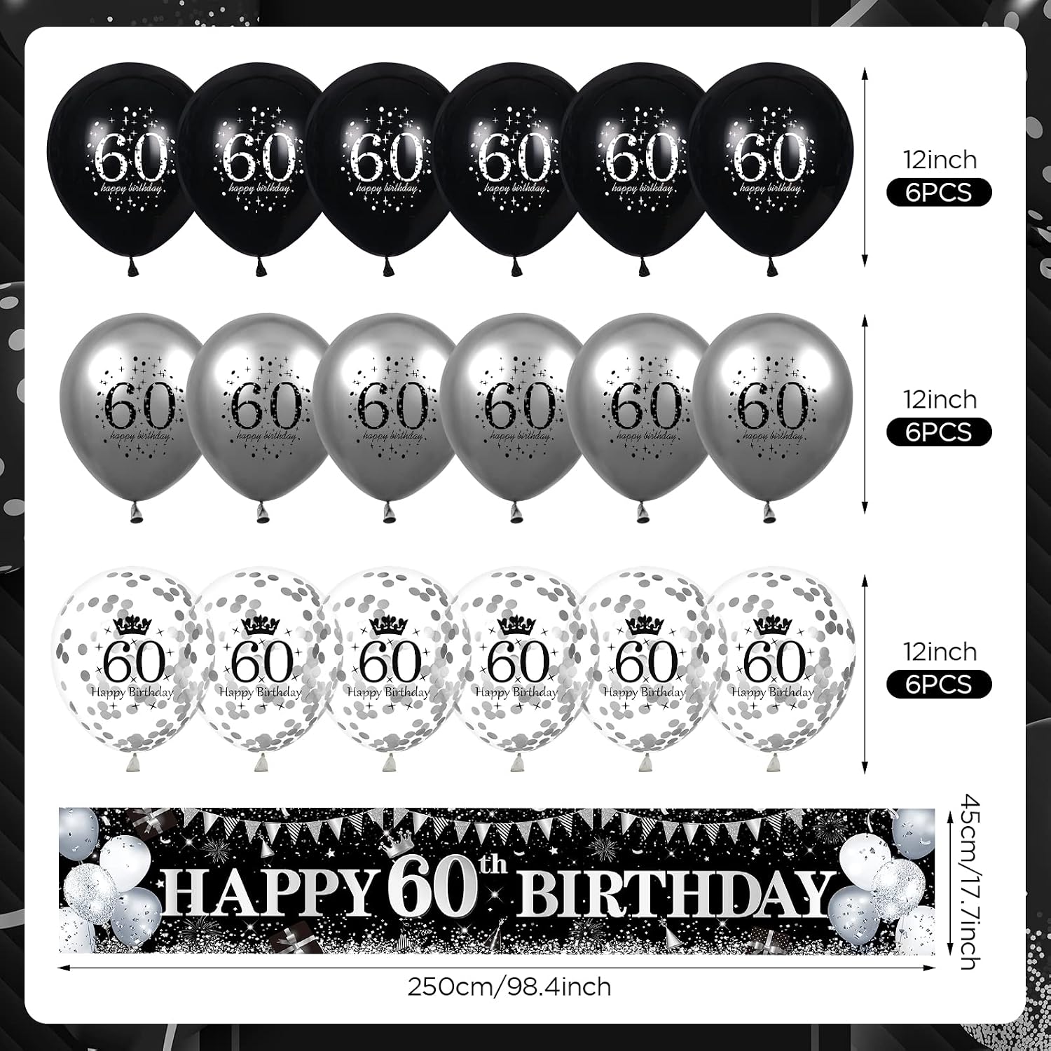 Happy 60th Birthday Decorations - Black & Silver Banner, Yard Sign, 18pc Balloons for Men & Women's 60th Birthday Party