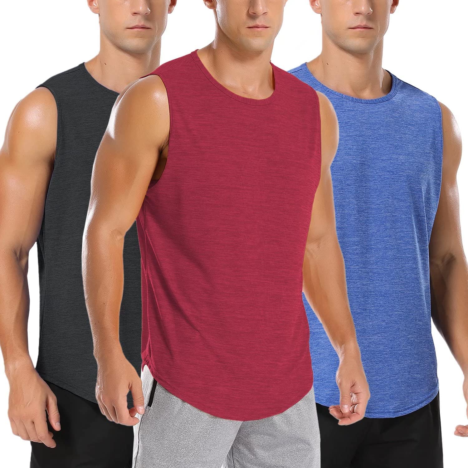 AmussiarMen's 3 Pack Workout Tank Tops Mesh Gym Sleeveless Dry Fit Bodybuilding Shirts Fitness Athletic Muscle Tee