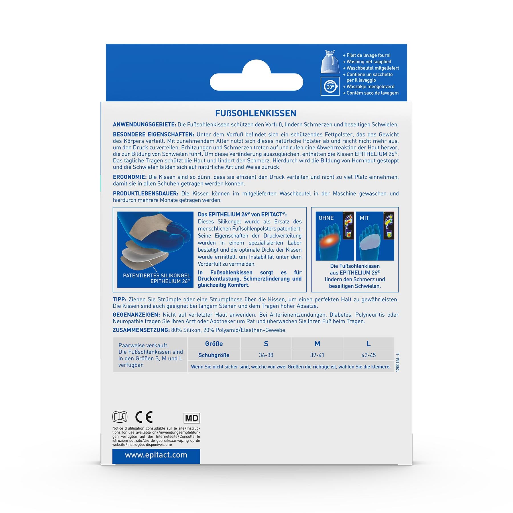 Epitact | Fußsohlenkissen | Schmerzen unter dem Vorderfuß, Überhitzung, Hühneraugen | Verhindern und Lindern von Schmerzen & Hornhaut | Waschmaschinenfest, Dünn
