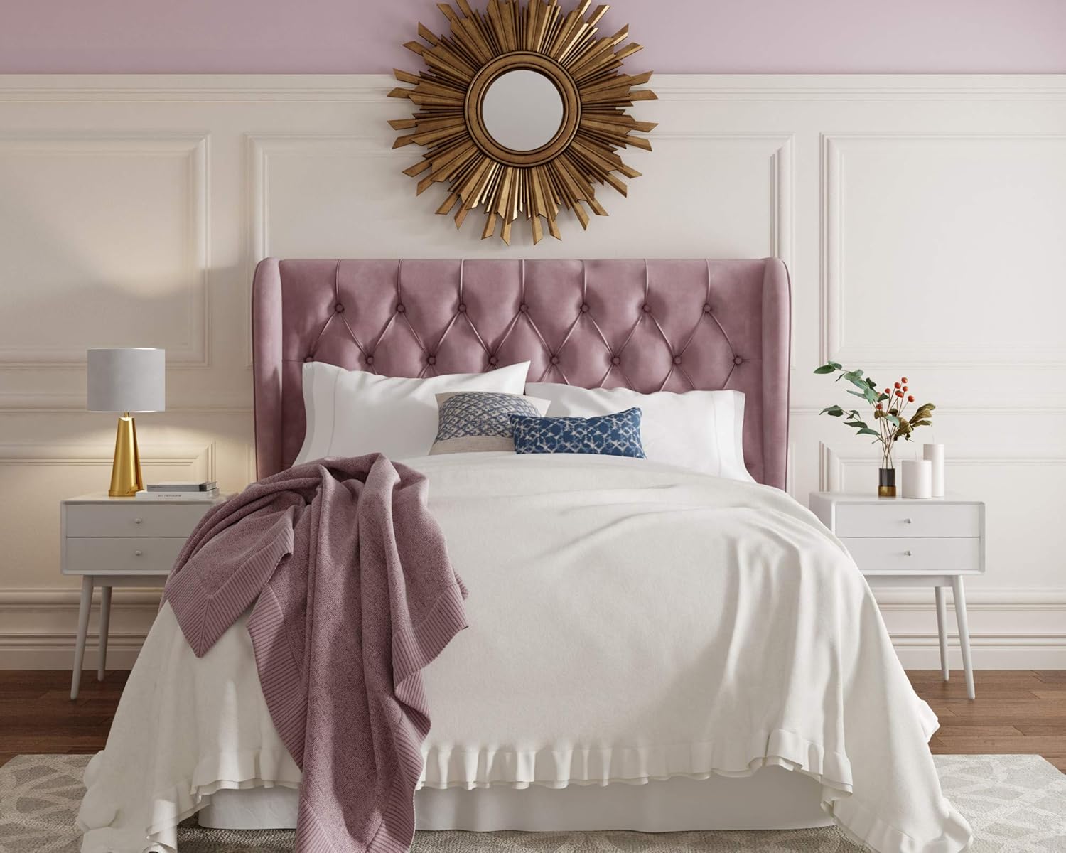Lillian August Modern Wingback Upholstered Headboard with Diamond-Tufting, Soft Fabric Bedroom Accent Furniture, Eastern King Size, Blush Pink