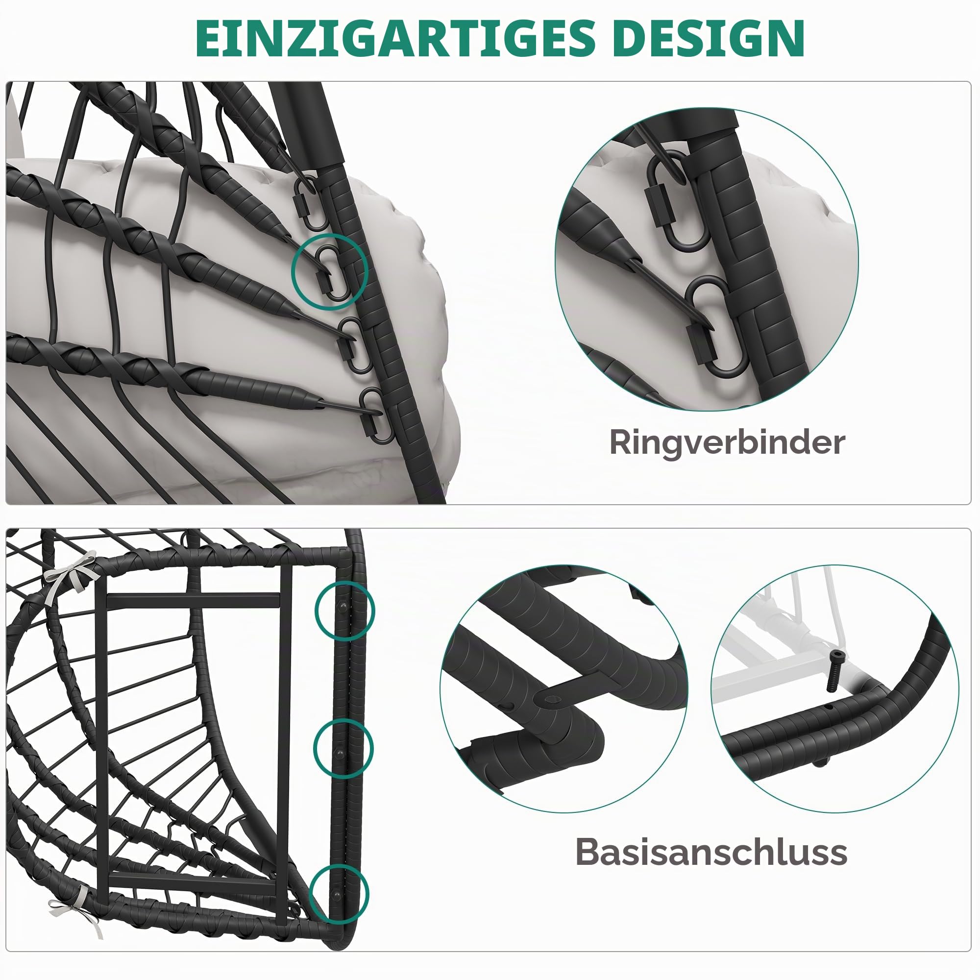 YITAHOME Grau Hängesessel mit Gestell, Rattan-Korb Schaukelstuhl mit strapazierfähiger Polsterung, 160 kg Tragfähigkeit, Garten, Schlafzimmer, Balkon, Outdoor oder Indoor Schaukel Sessel