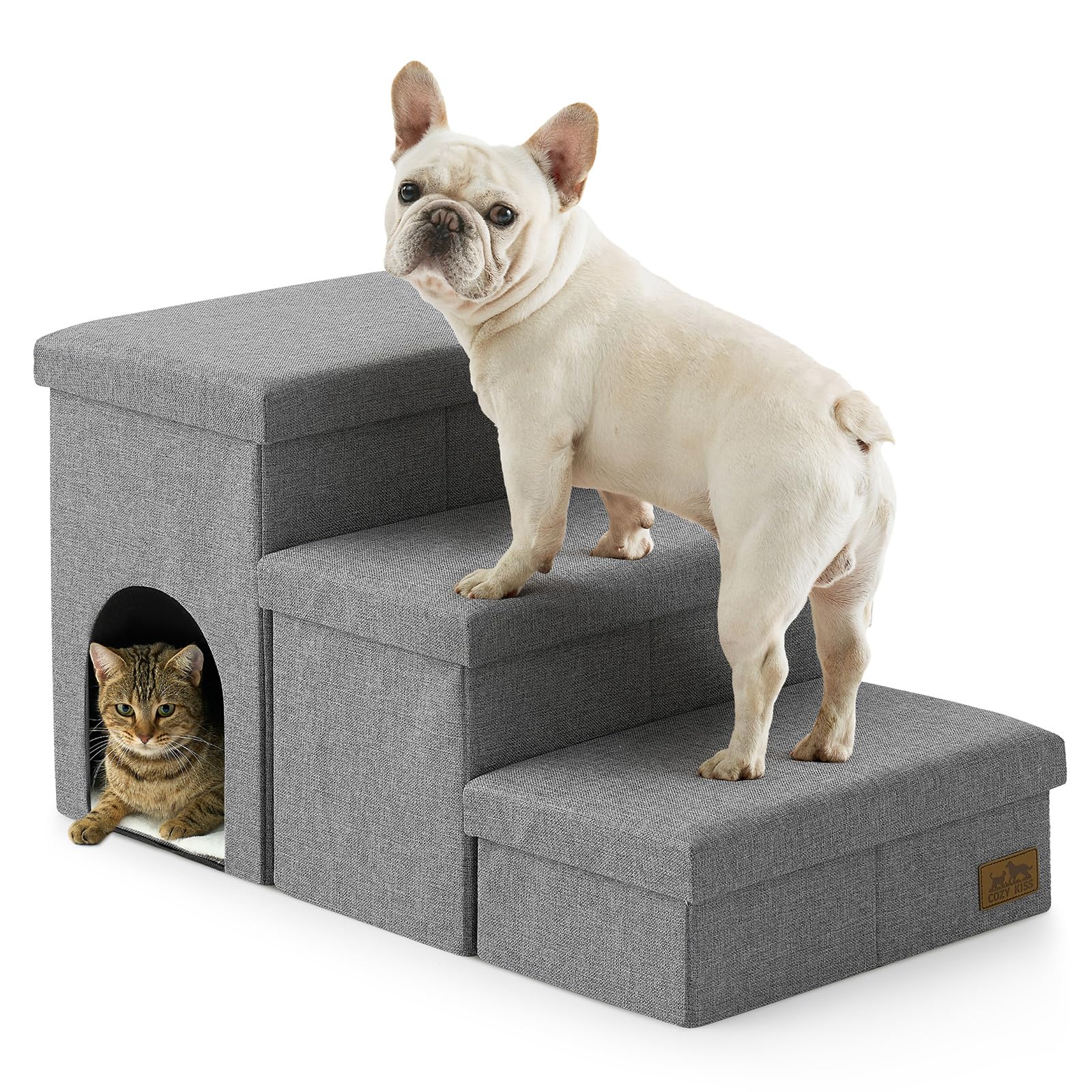 COZY KISS Dog Stair for Small Dogs with Storage, Foldable Pet Step with Leakproof Cover, Older Cat Ramp for Chair Couch Sofa, Lightweight, Comfort (Grey, Condo(83x43x43cm), 3)
