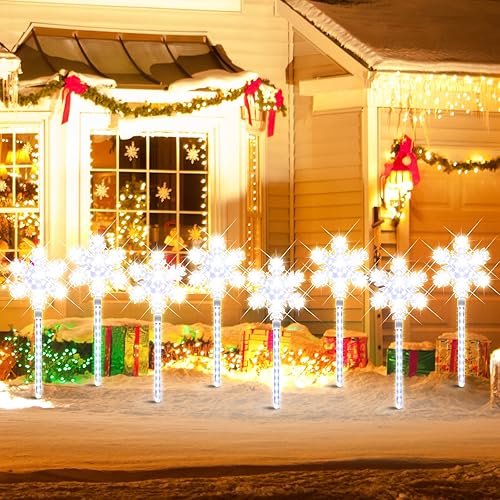Miniatura 2 de Juego de 8 estacas decorativas de copo de nieve de Navidad preiluminadas para camino, patio, césped, jardín, luces de copo de nieve de Navidad al