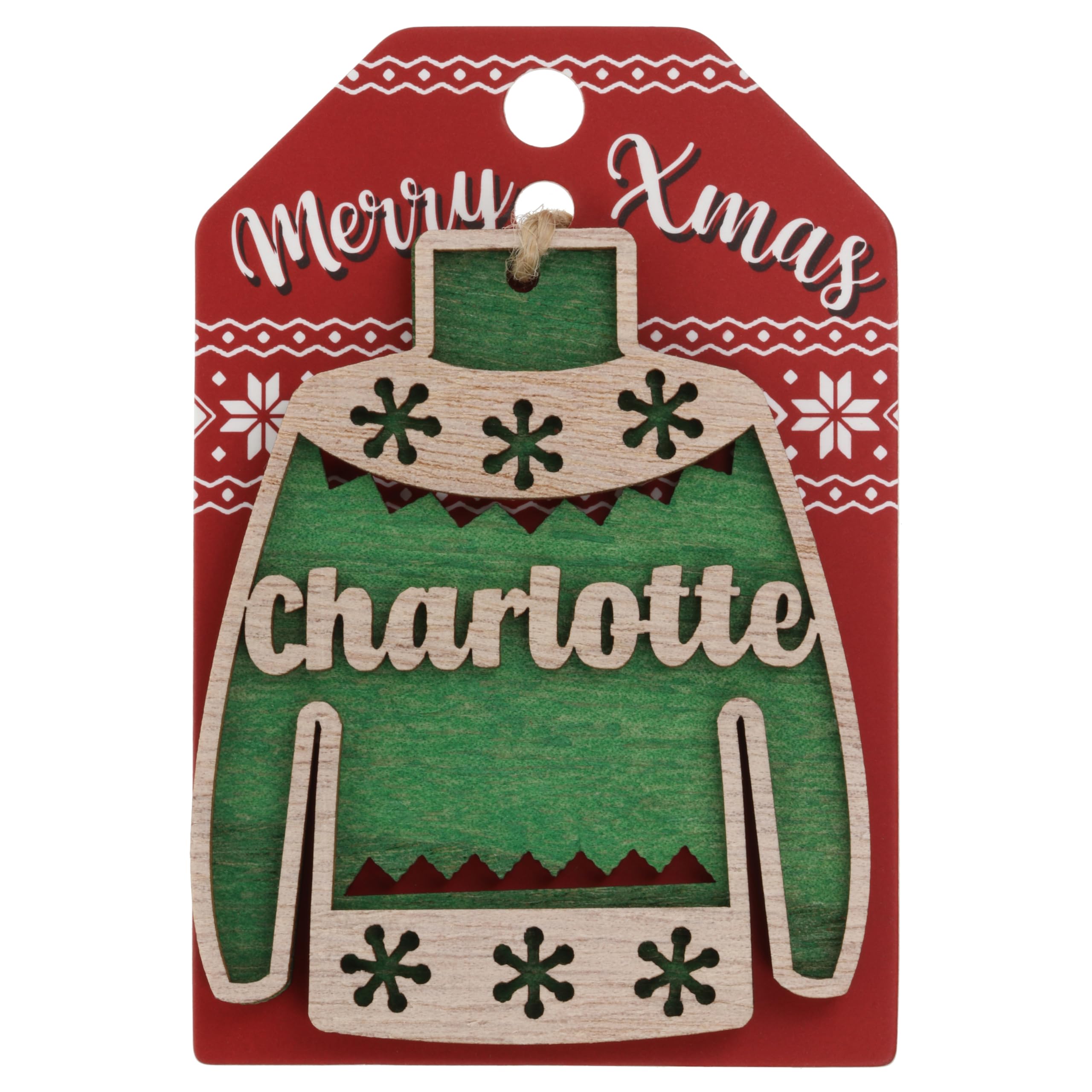 Charlotte Name Christmas Jumper Wooden Tree Decoration Personalised Bauble Xmas Green