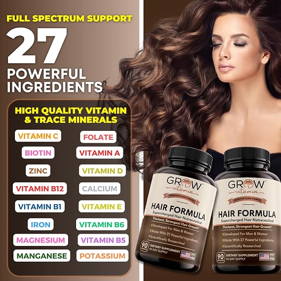 Grow Vitamin All in One Hair Formula for Men & Women - Advanced Hair Formula Includes Biotin, Saw Palmetto, DHT Blocker & Trace Minerals - Hair Supplement for Hair, Skin & Nails - 90 Capsules