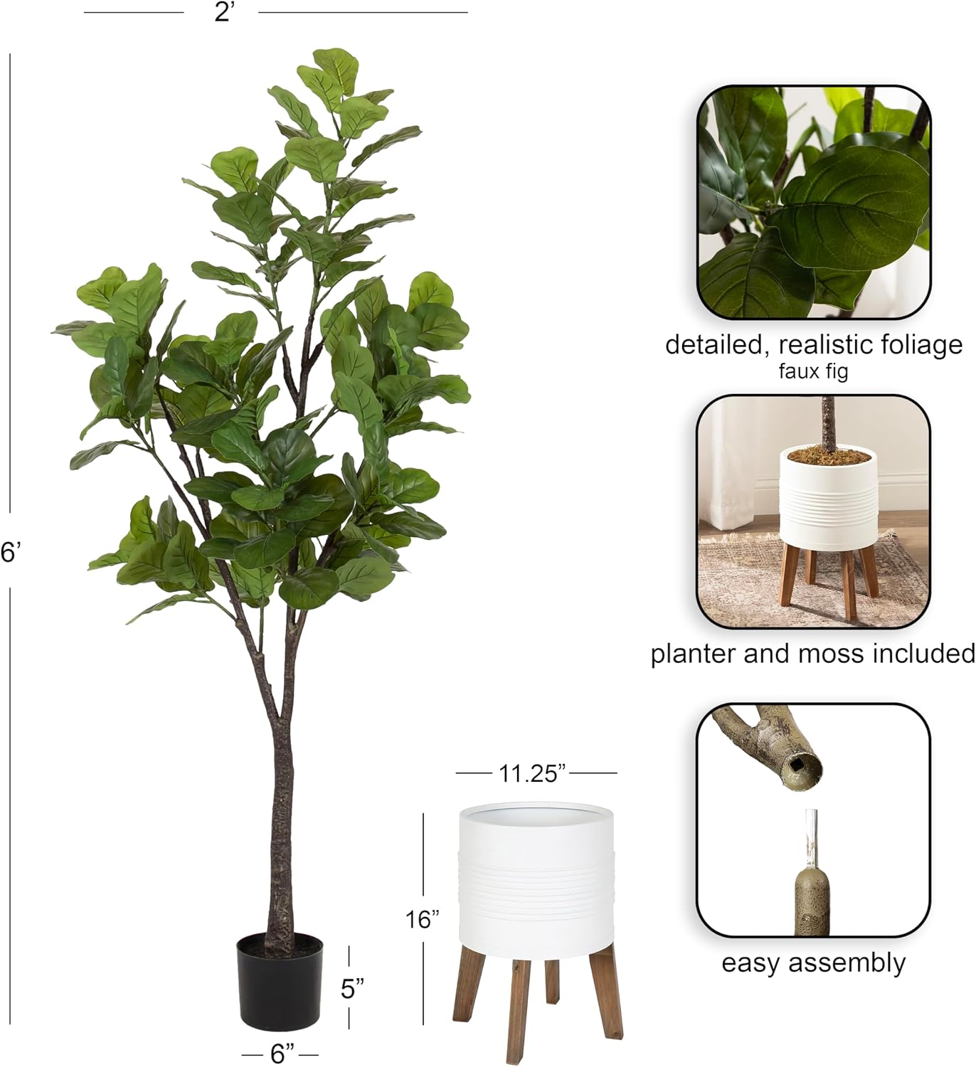 Kate and Laurel Fidmont Faux Fiddle Fig Tree with Gavri Metal Planter Pot, 6.5 FT, White and Rustic Brown, Potted Artificial Tree Indoor with Realistic Foliage and Added Moss, Living Room Fake Plant