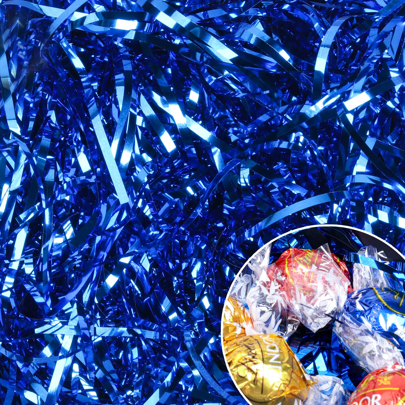 Ottwll 150 Grams Blue Crinkle Cut Paper Shred Filler, Sparkly Film PP Hamper Shreds for Gift Box Bag Basket DIY Crafts Supplies Easter Grass Gift Box Filling