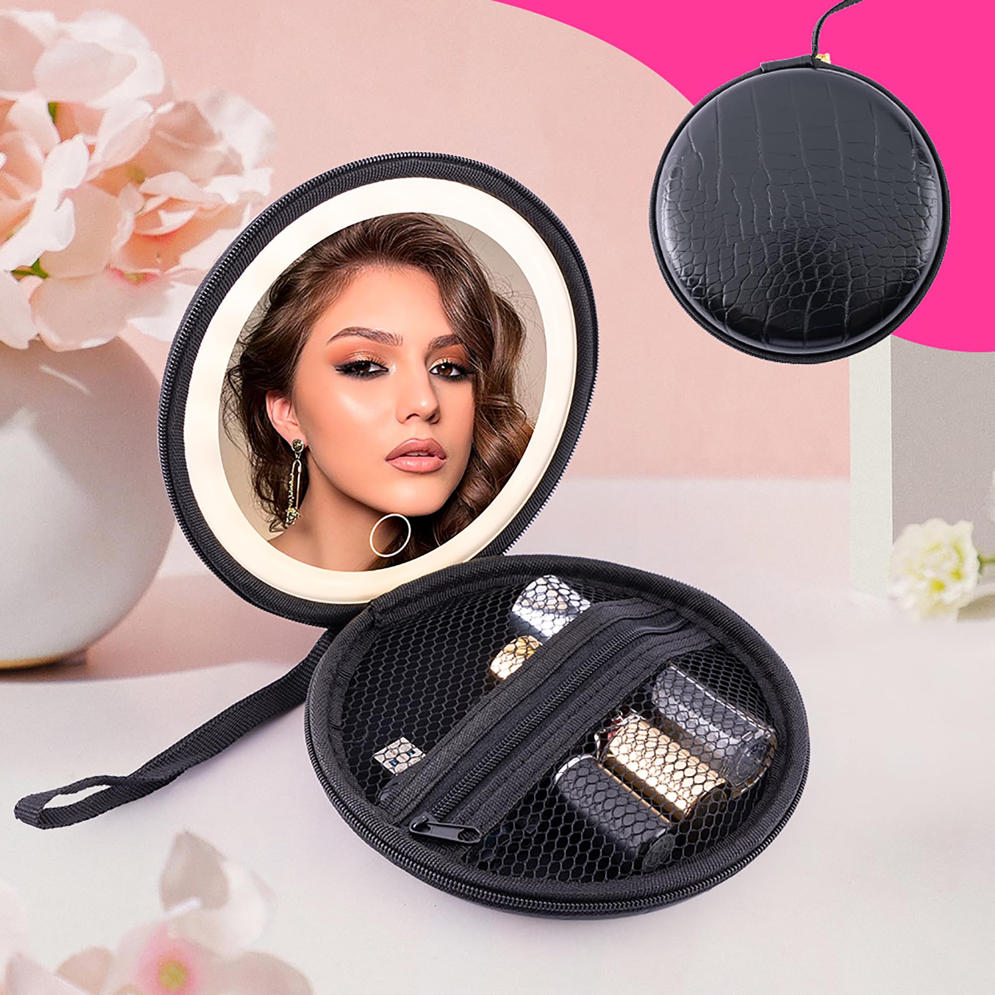 MissMeeca Travel Makeup Mirror with Bag - 5.1 Inch Compact Portable Makeup Mirror, Crocodile Black Design, Lightweight & Durable, Perfect for Travel & Home Use