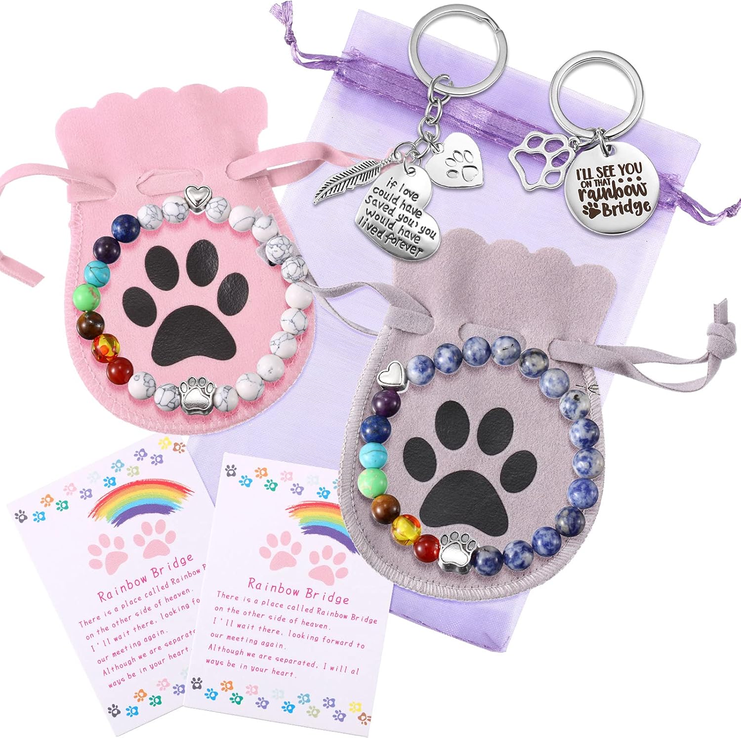 Jadive 9 Pcs Pet Memorial Gifts Sympathy Rainbow Memorial Bracelet Keychain with Poem Cat Card Dog Loss Remembrance Gifts for Men Women Who Loss of Beloved(Classic Style)