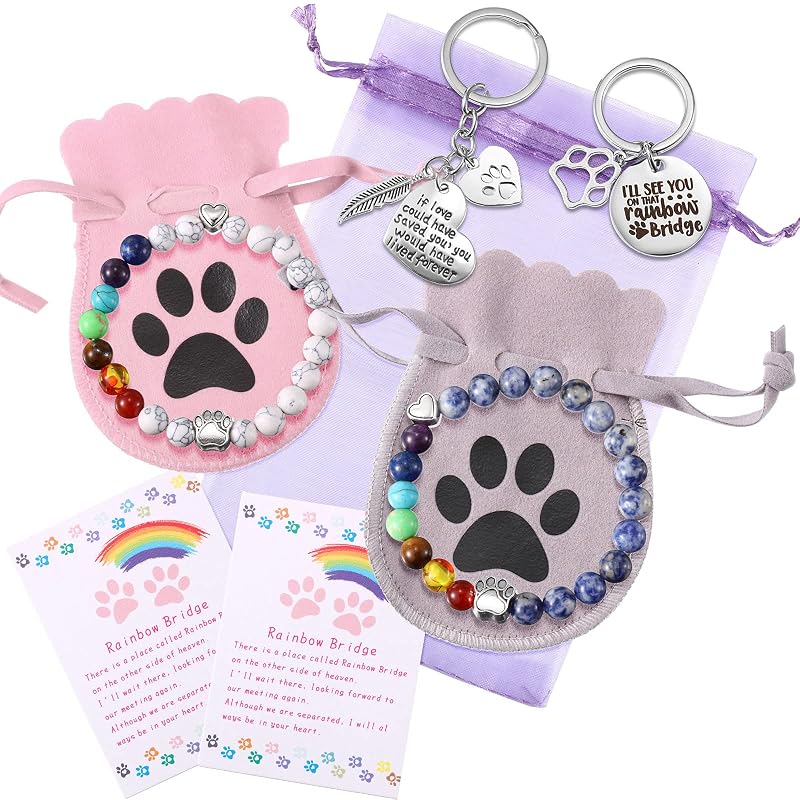 Kit memorial para cães Jadive com pulseiras e chaveiros Rainbow Bridge, 9 peças