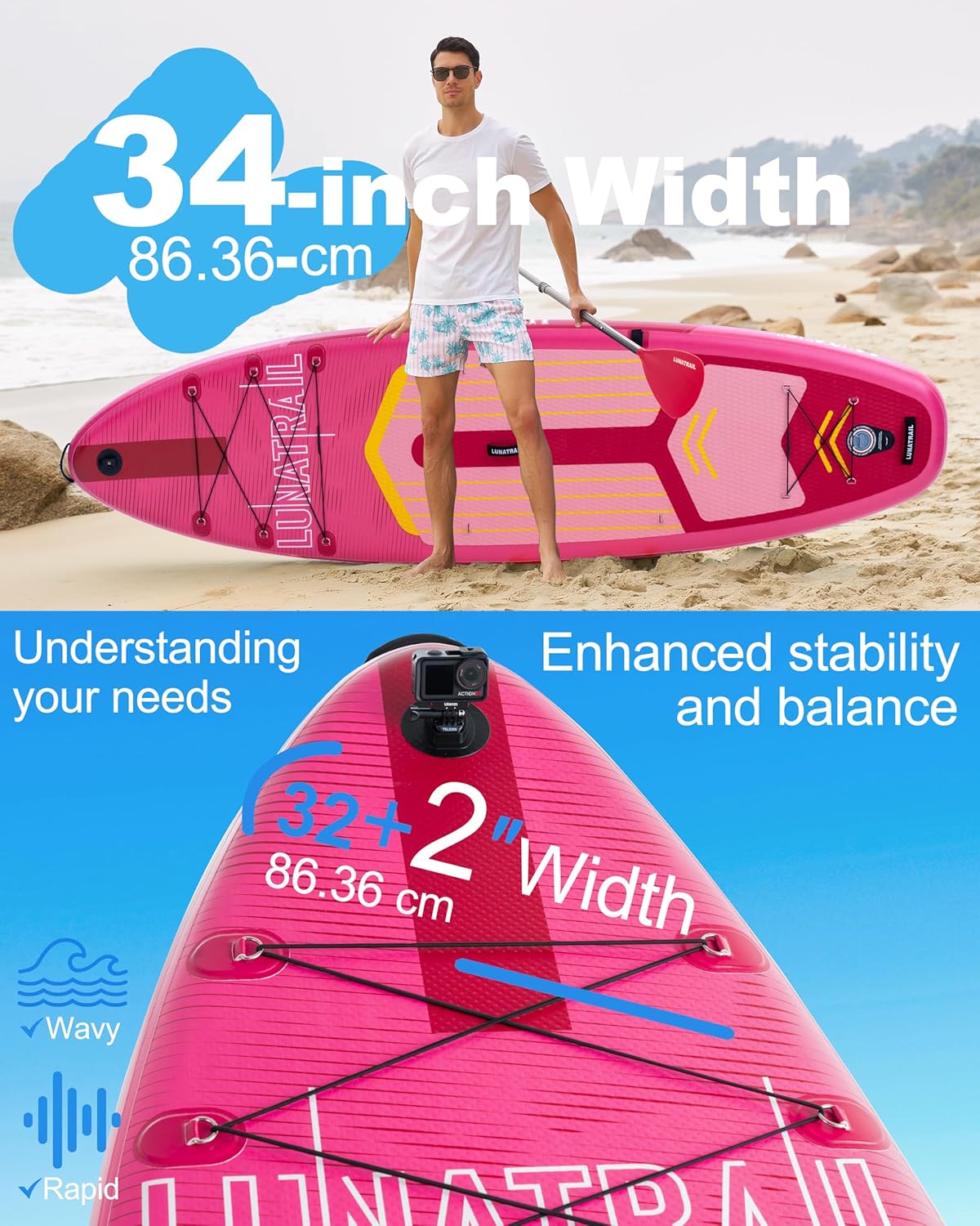 【11'×34"】 Extra Long/Extra Wide Premium Inflatable Stand Up Paddle Board (SUP) – Portable & Lightweight for Yoga, Surfing, Family Fun | Complete Kit with Paddle, Pump, Bag | Durable Design