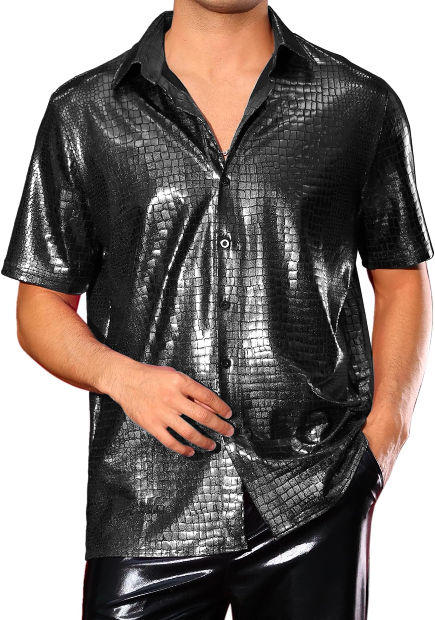 Metallic Shirt for Men's Button Down Short Sleeves Crocodile-Pattern Disco Shiny Shirts