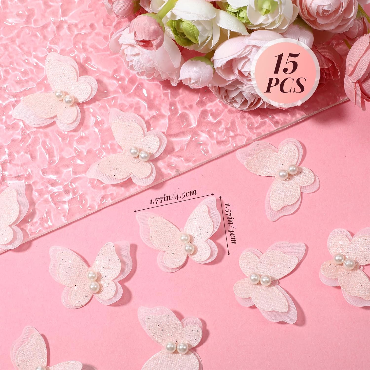 15 PCS Pink Butterfly Decorations Lace Trim Organza Double Layers Butterfly Applique Embroidered for DIY Craft Wedding Bride Hair Dress Hat Accessories Clothes Curtain Ornaments