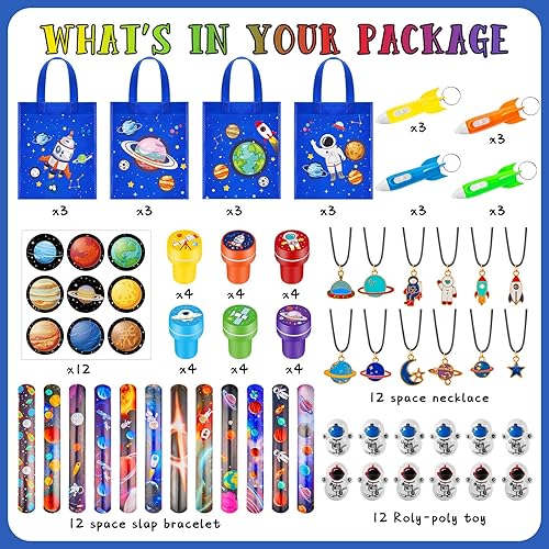 Miniatura 2 de Ctosree 192 bolsas no tejidas con temática espacial para fiestas, regalos espaciales, con asa, pulsera, vaso espacial, sellos espaciales, collar