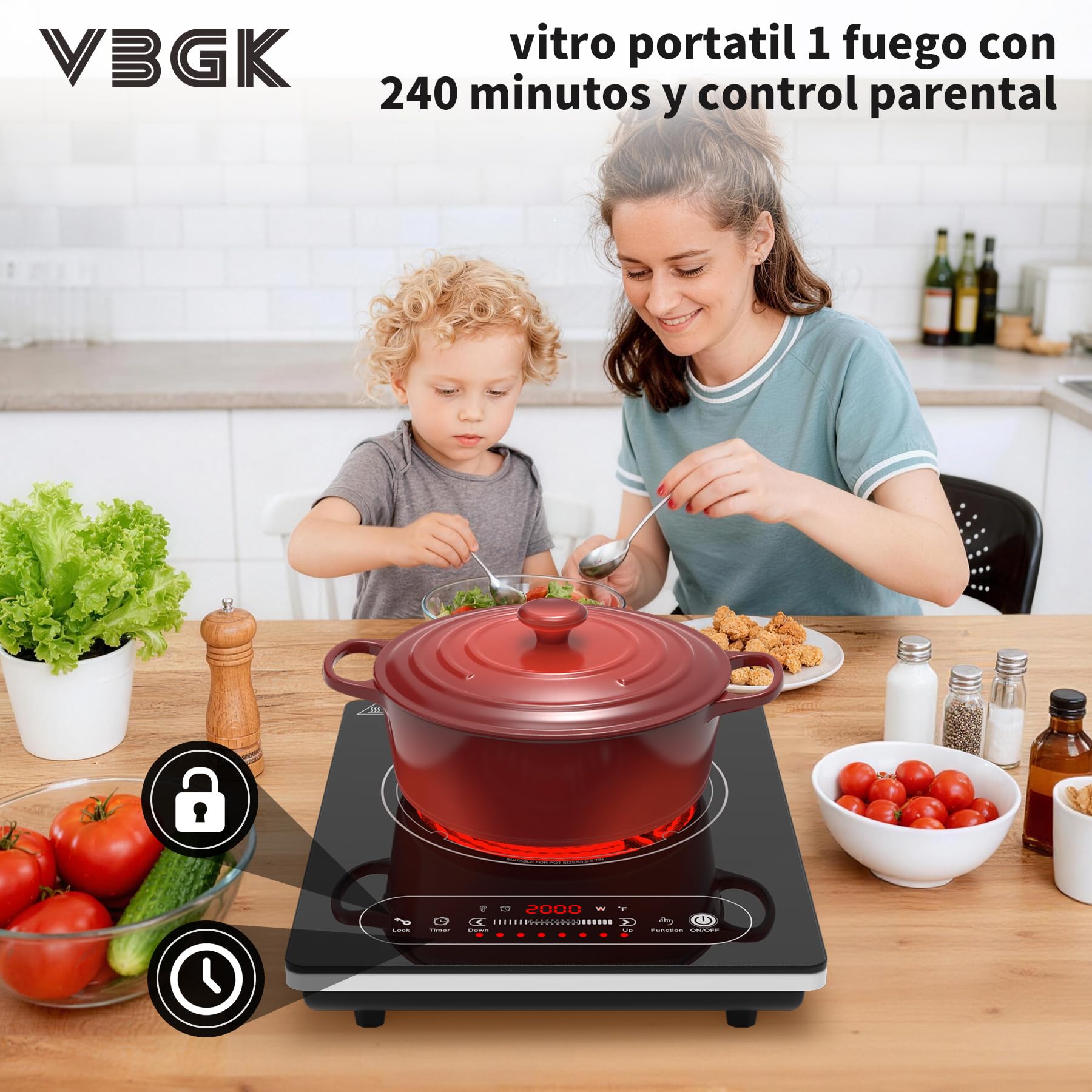 VBGK vitro portatil 1 fuego，220V 2000W placa vitroceramica con control táctil LED, 10 niveles de potencia, temporizador de 4 horas, bloqueo de seguridad y protección contra sobrecalentamiento.