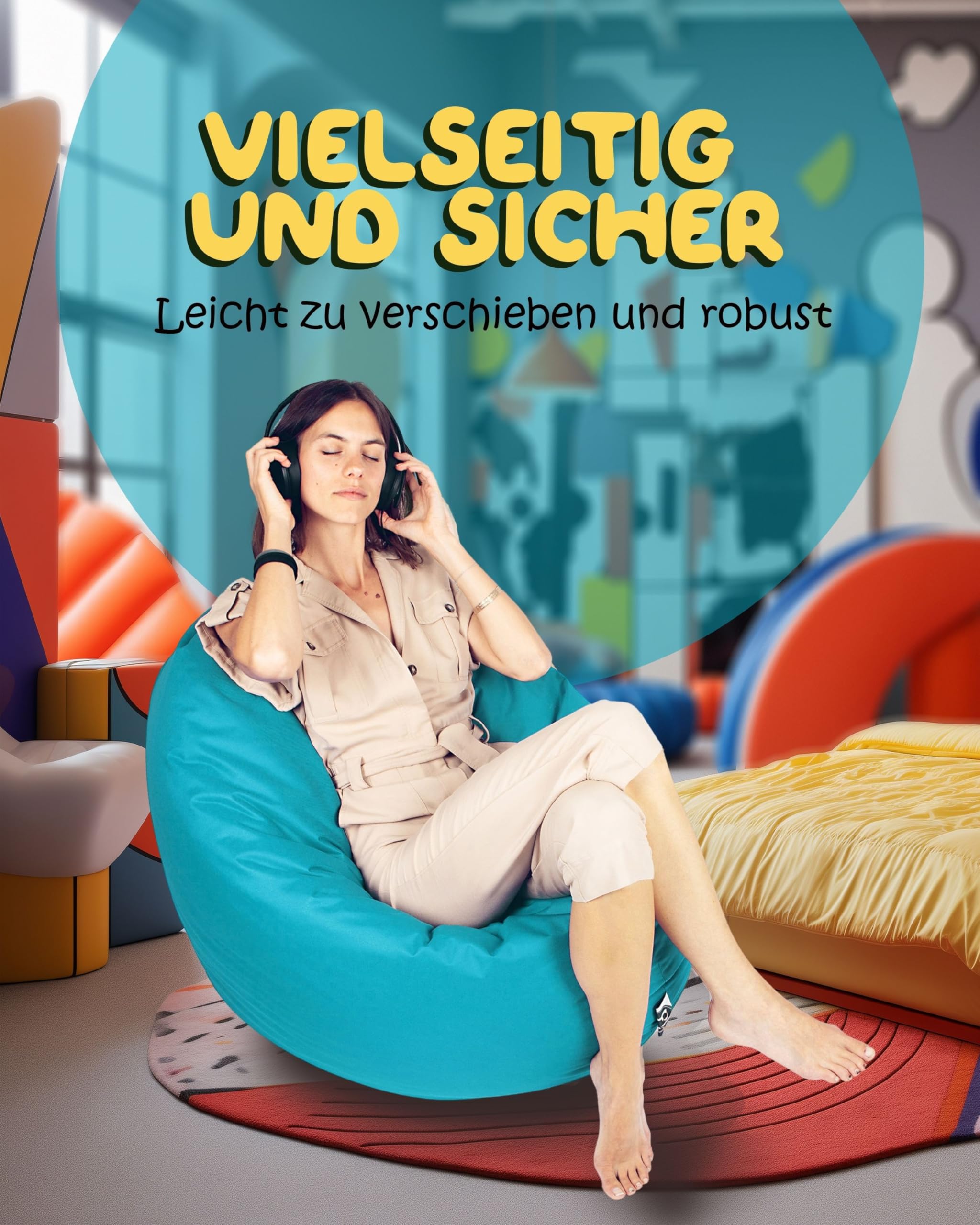 PATCH HOME Sitzsack 2 in 1 Sitzkissen Bodenkissen für Erwachsene & Kinder - Gaming mit Füllung Kissen Sessel BeanBag (Ø 125cm, Türkis)
