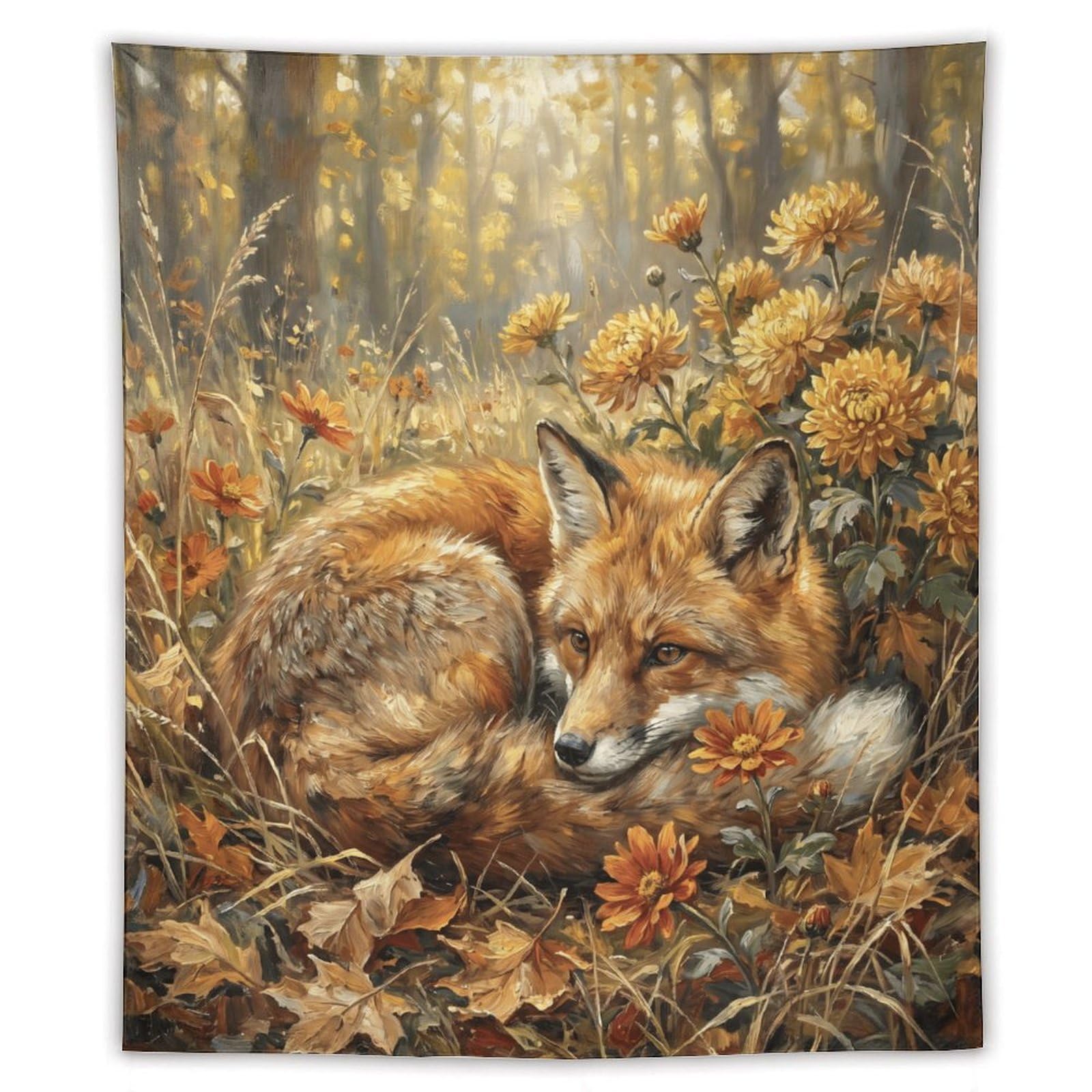 W7C8U2X3 Autumn Fox Flower Field Wall Tapestry, Spring Meadow