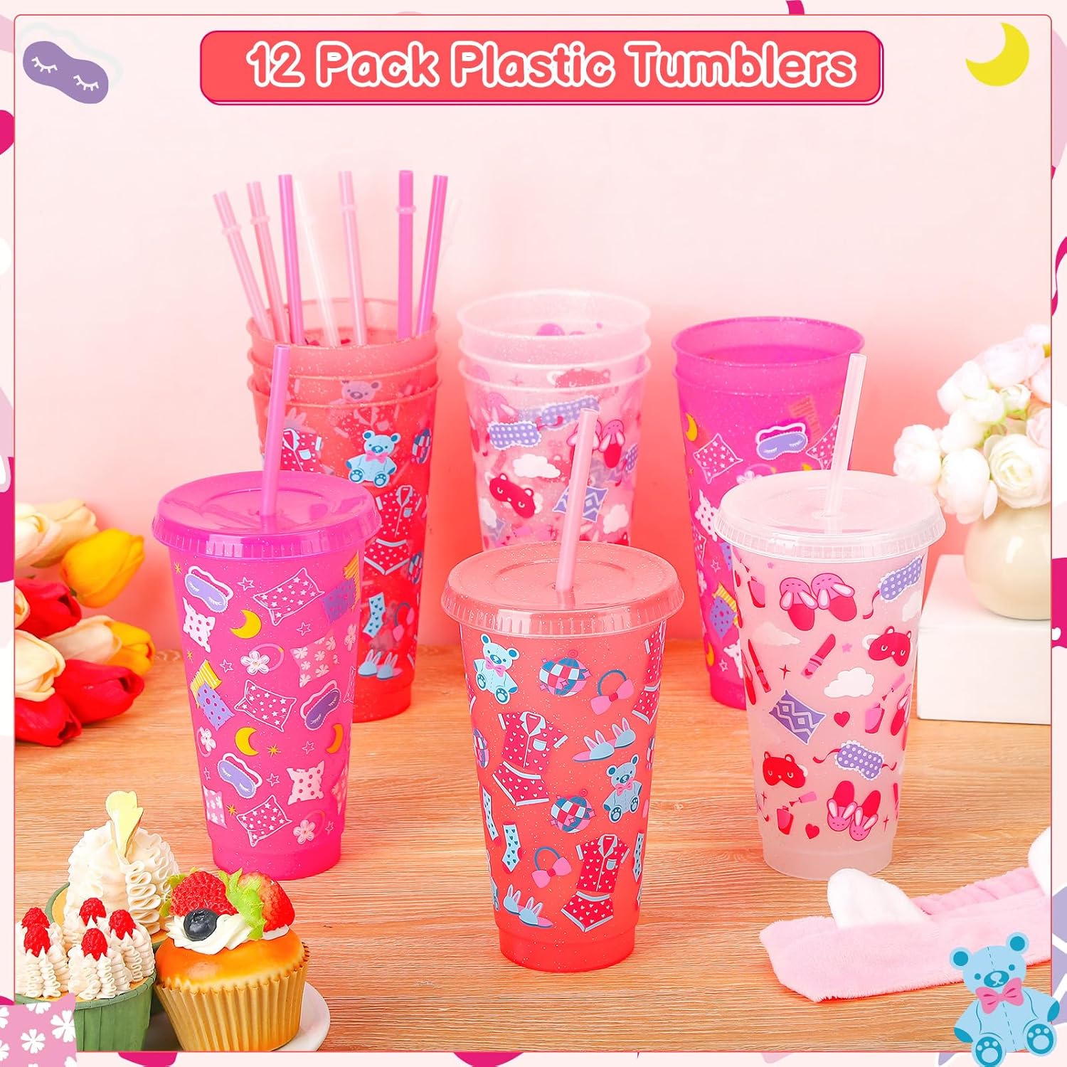 12 Pcs Sleepover Party Cups with Lids and Straws, 24 oz Glitter Iced Coffee Tumbler Sleepover Party Supplies for Girls - Image 4