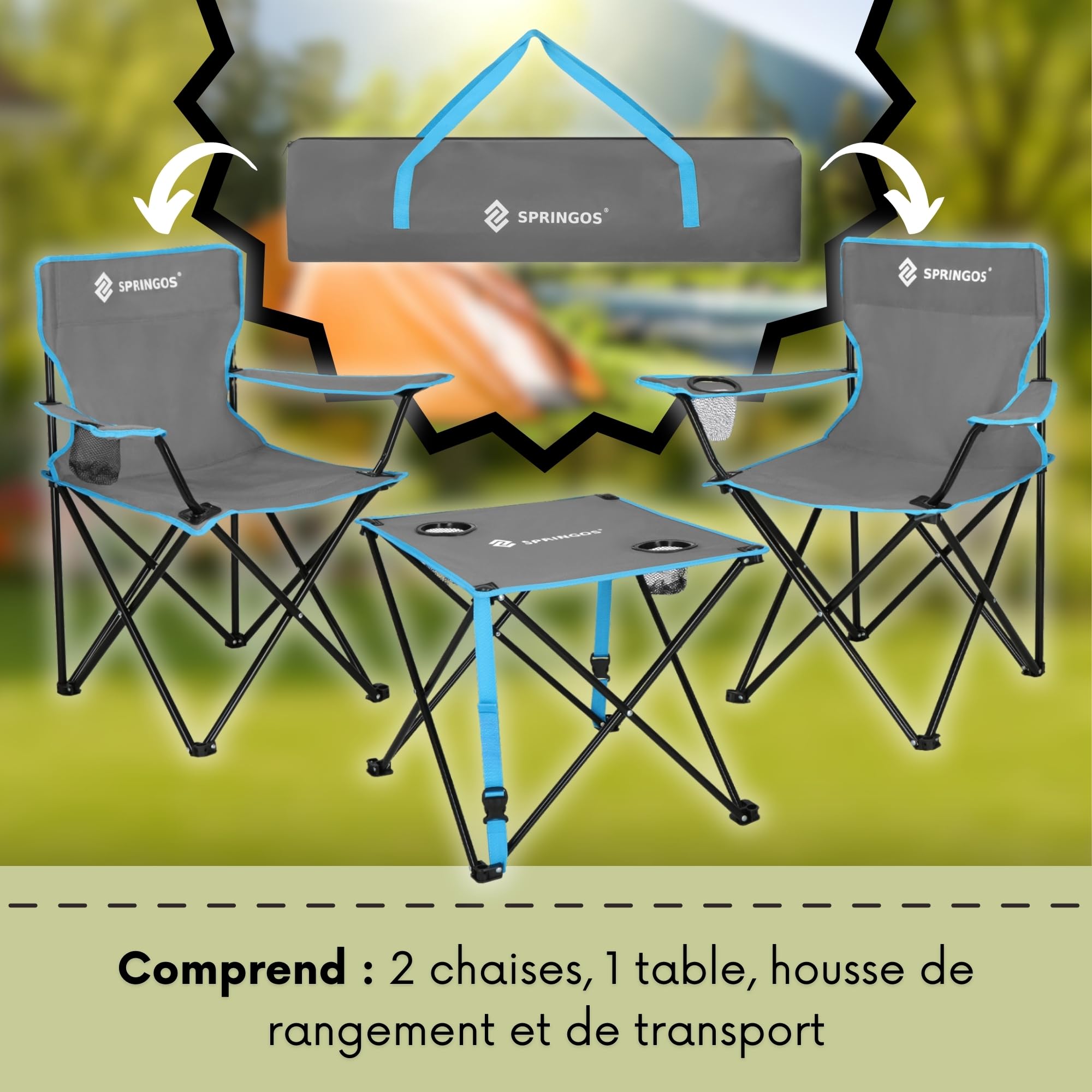 SPRINGOS Ensemble Camping Pliant 3 Pièces – Table + 2 Chaises avec Porte-Gobelet, Sac Transport, Réglage Hauteur – Pêche Festival Jardin Balcon Plage