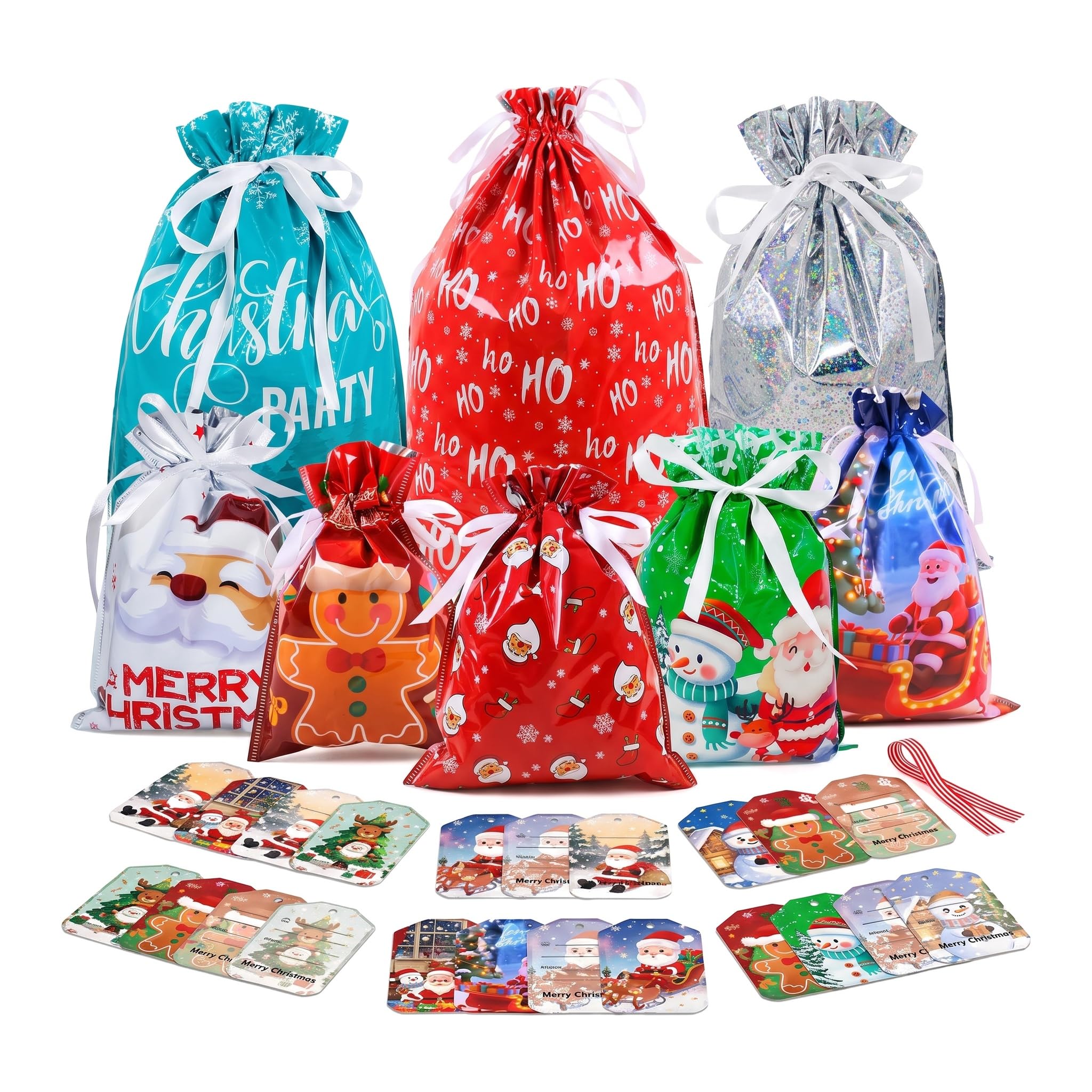 30 Pcs Christmas Drawstring Gift Bags Multipack with 30 Greeting Cards - Reusable Xmas Wrapping Bags with Ribbon Ties for Holiday Party Favors, Candy, and Large Presents (Assorted Sizes & Designs)