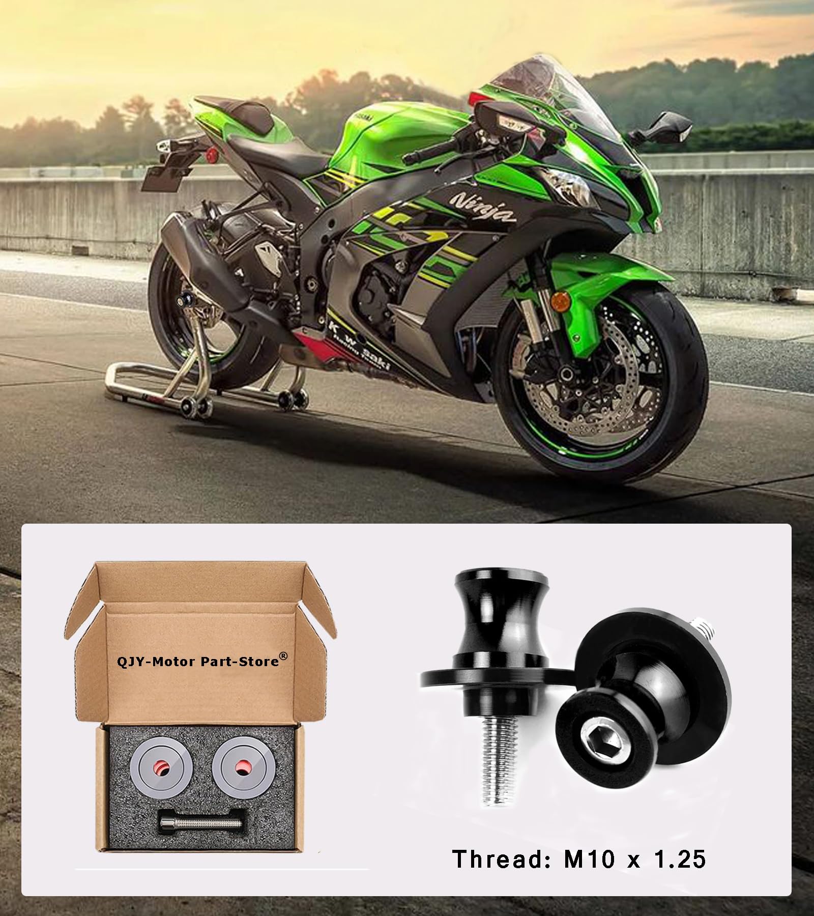 QJY 2pcs M10 Moto Nottolini Cavalletto 10MM Bobine Universal per K-AWA-SAKI Z650 Z800 Z750 Z1000 Ninja 400 650 ZX-10R ZX-6R Duke 125 250 390 CFMOTO 450NK 450SR 450MT 800MT - Nero