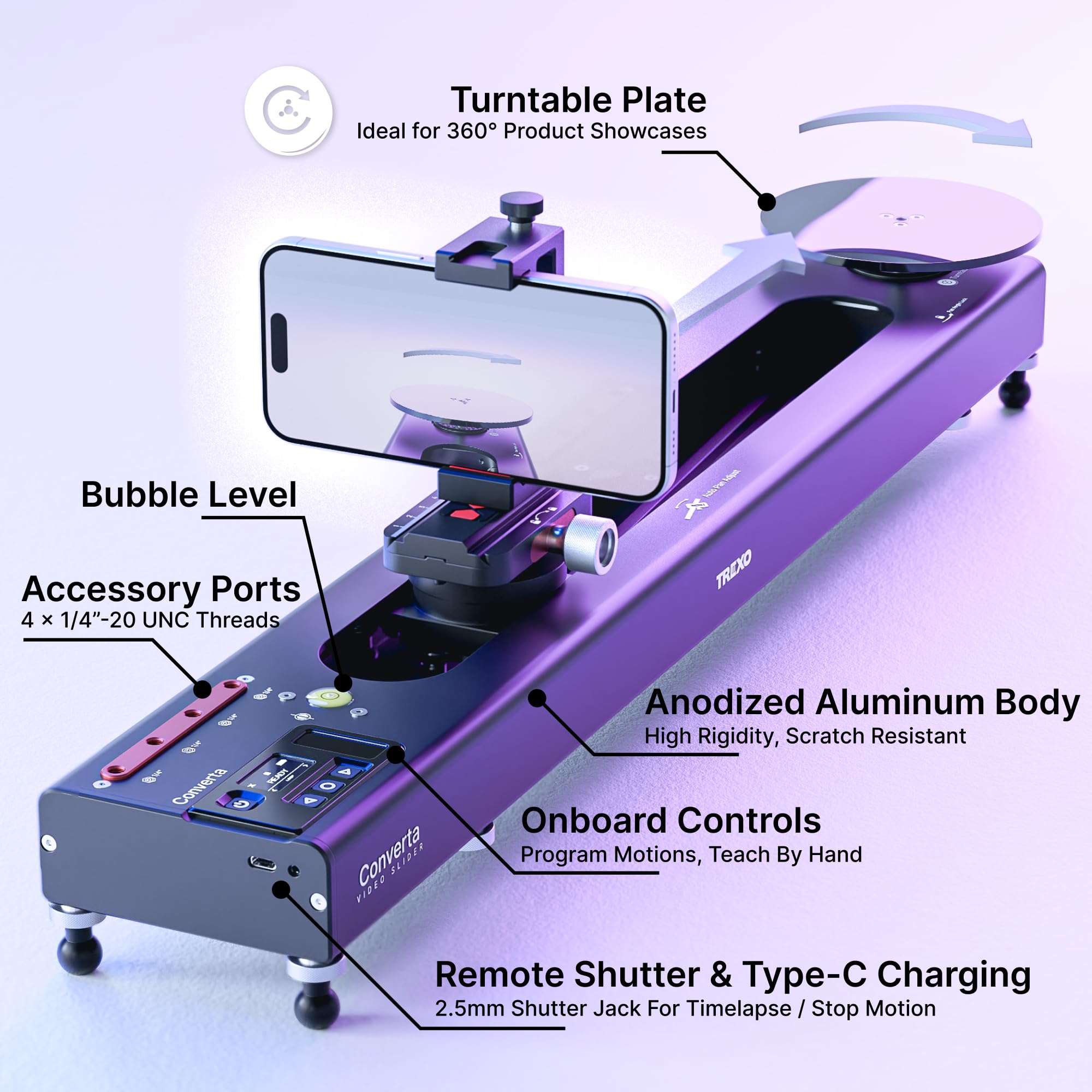 Trexo Converta Pro - AI-Powered Video Slider, Built-in Rotary Table, 90° Panoramic Shooting, Time-Lapse, Loop Mode, APP & Voice Control, Pro Camera Motion System (C600-60cm/23.6")