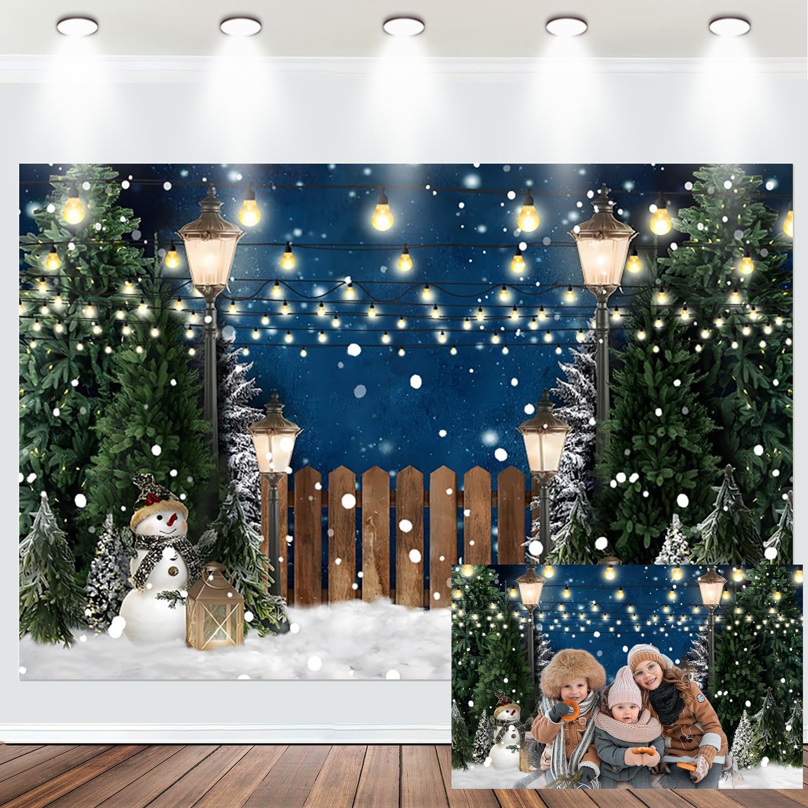 Fabric 7x5ft Glitter Christmas Backdrop Winter Garden Snowman Pine Trees Photography Background Winter Snow Night View Wonderland Decoration Tapestry