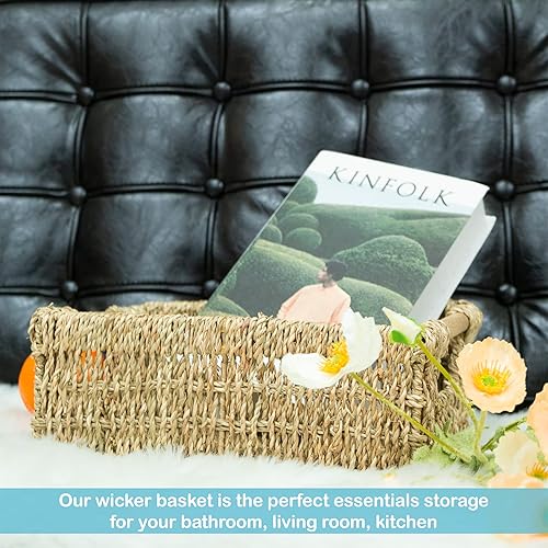 Miniatura 6 de Cesta de almacenamiento de hierba marina natural con asa, cesta de mimbre rectangular para organizar, cesta de almacenamiento decorativa de mimbre