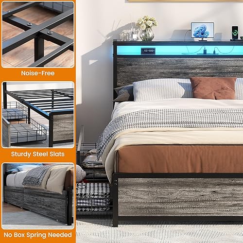 Miniatura 7 de Homieasy Base de cama de tamaño matrimonial con 4 cajones de almacenamiento y estación de carga, plataforma resistente con cabecera de