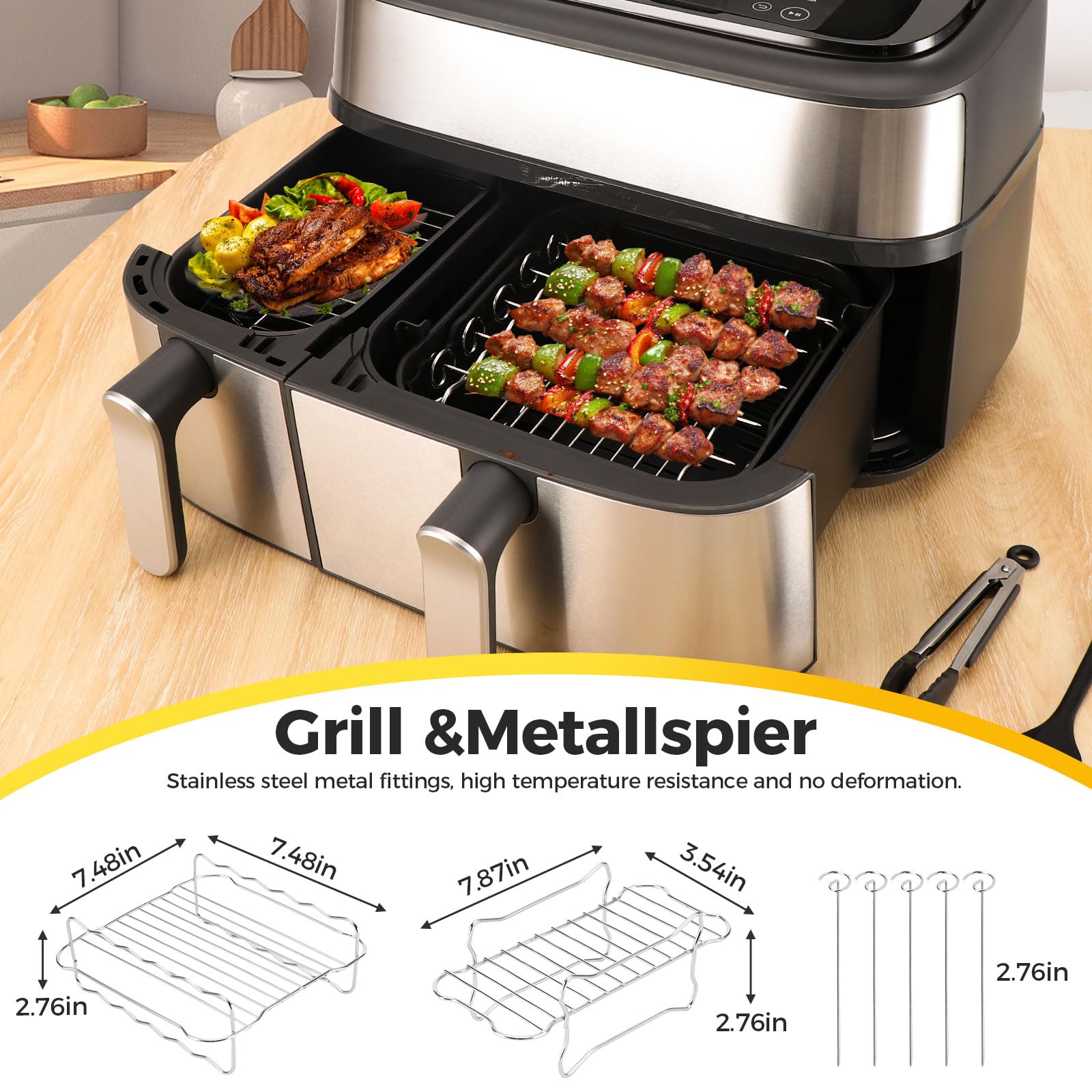 Airfryer Zubehör für Philips Airfryer Dual Basket 3000 Series und Steam Airfryer 5000 Series Dual Basket — 23-teiliges Airfryer-Silikonform-Zubehörset mit Edelstahl-Grillrost und Edelstahl-Spießhalter