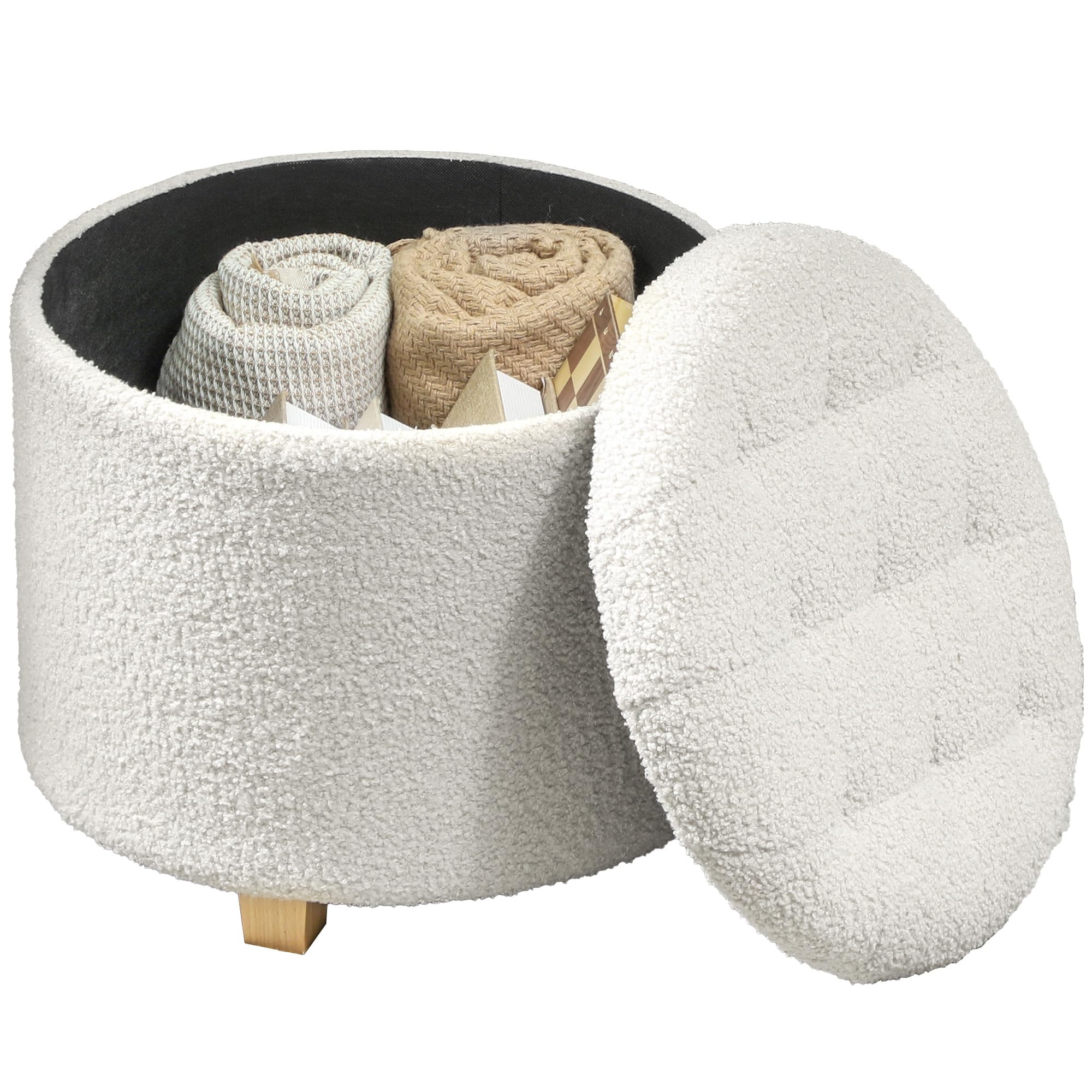 HOMCOM Pouf Coffre Rangement, Tabouret Rond, Pouf Repose-Pieds en Tissu Bouclette, pour la Chambre à Coucher, entrée, Salon, Charge 120 Kg, Ø 45 x 41 cm, Blanc
