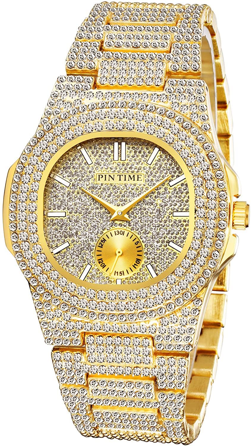 Fashion Mens/Womens Oblong Gold/Silver Sub-dial Wrist Watch Hip Hop Womens Bracelet Watch Ice Out Cuban Unisex Watch Full Diamonds