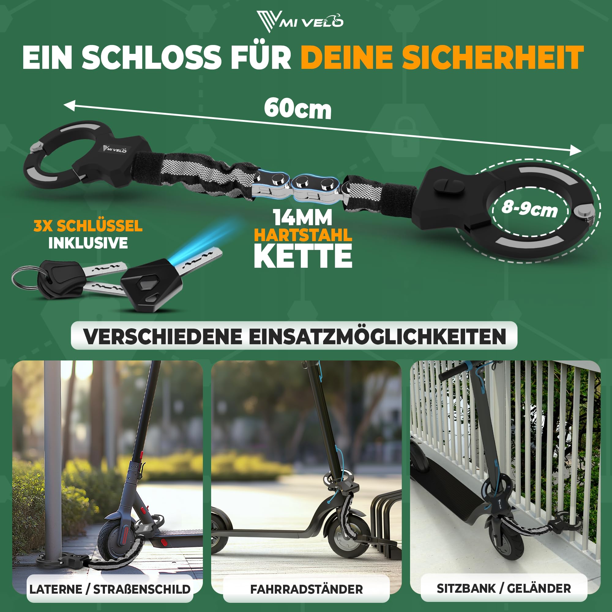 MIVELO E-Scooter Schloss extra sicher - Gelenkkettenschloss I Handschellenschloss für Elektroroller I Fahrradschloss hohe Sicherheit - Inkl. Halterung (PRO, mit Tasche)